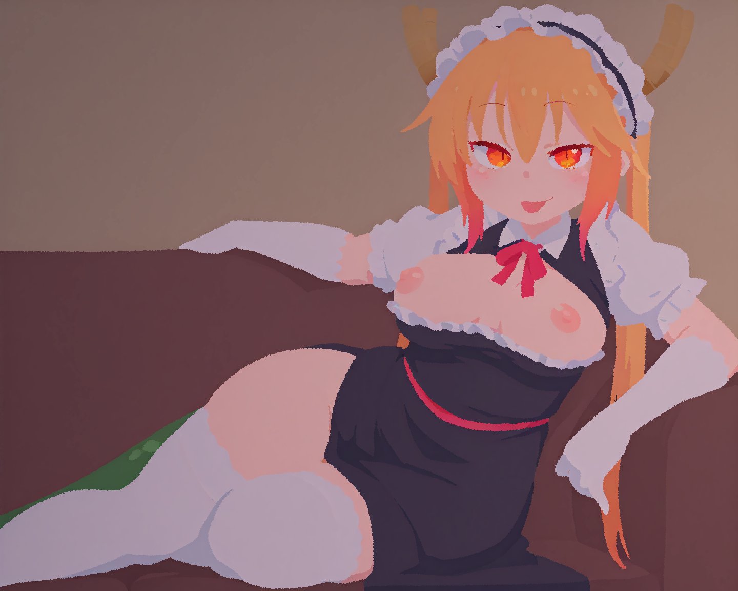 ai assisted, ai generated, blonde hair, breasts, breasts out, couch, dragon girl, dragon horns, dragon tail, female, gloves, horns, long hair, looking at viewer, maid, maid headdress, miss kobayashi's dragon maid, multicolored hair, nipples, orange eyes, puffy short sleeves, puffy sleeves, rawr69, short sleeves, solo, tail, thighhighs, tohru (dragon maid), tohru (maidragon), tongue, tongue out, twintails, white gloves, white thighhighs