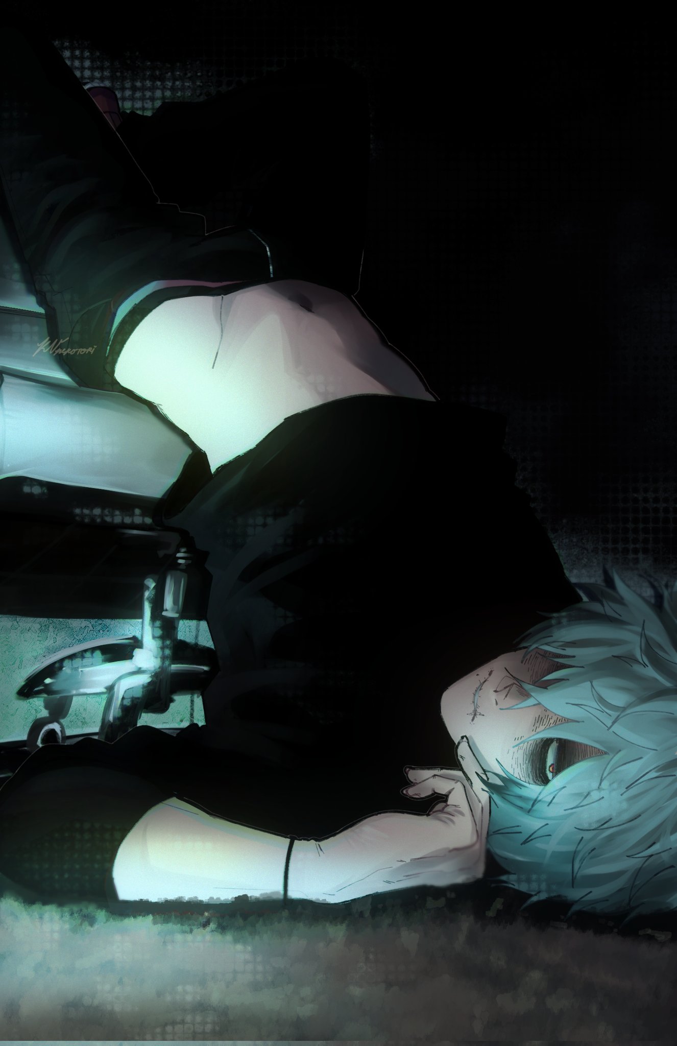 1boy, anime, artist signature, belly button, boku no hero academia, chair, clothed, clothes, clothing, knnekotori166, looking at viewer, male, my hero academia, shigaraki tomura, shirt, shirt up, short hair, solo, solo male, tomura shigaraki