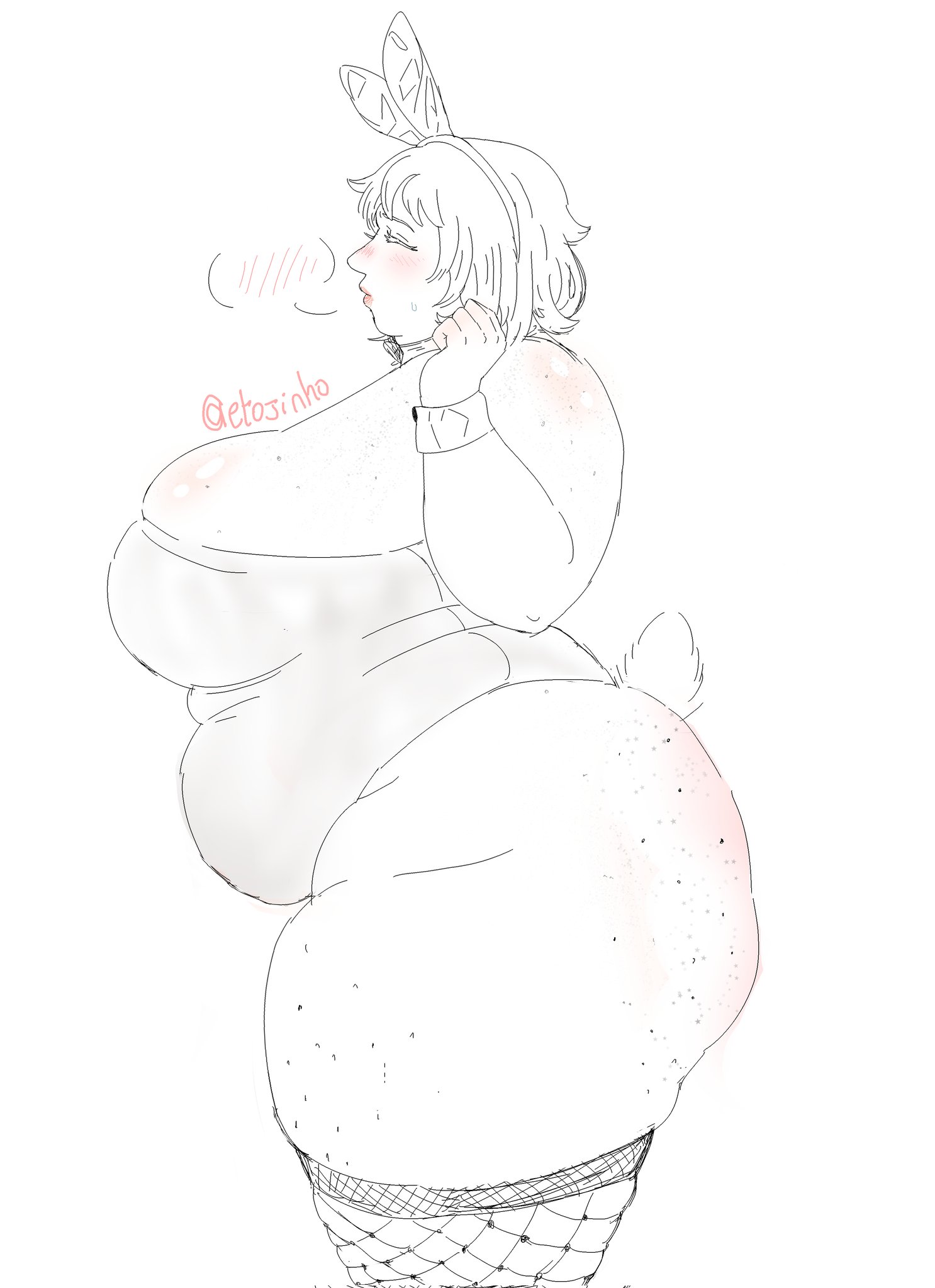 1girls, artist name, artist signature, ass, big ass, blush, blushing, bunny tail, bunnysuit, chubby, chubby female, dungeon meshi, etojinho, falin touden, fat ass, female, female only, fishnets, freckles, freckles on ass, overweight, simple background, thick thighs