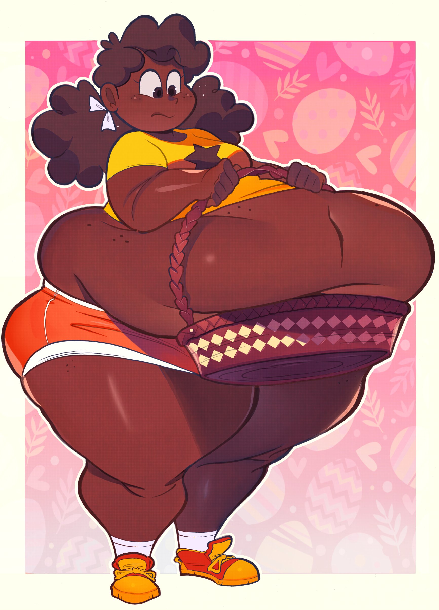 1girls, ass, basket, belly, belly overhang, big belly, breasts, brown hair, citry (ridiculouscake), crack the moon, dark skin, dark-skinned female, easter, english text, fat, female, female focus, female only, freckles, freckles on face, gym shorts, large ass, large breasts, obese, obese female, overweight, overweight female, short shirt, shorts, small shirt, stomach, text, wardrobe malfunction, weight gain