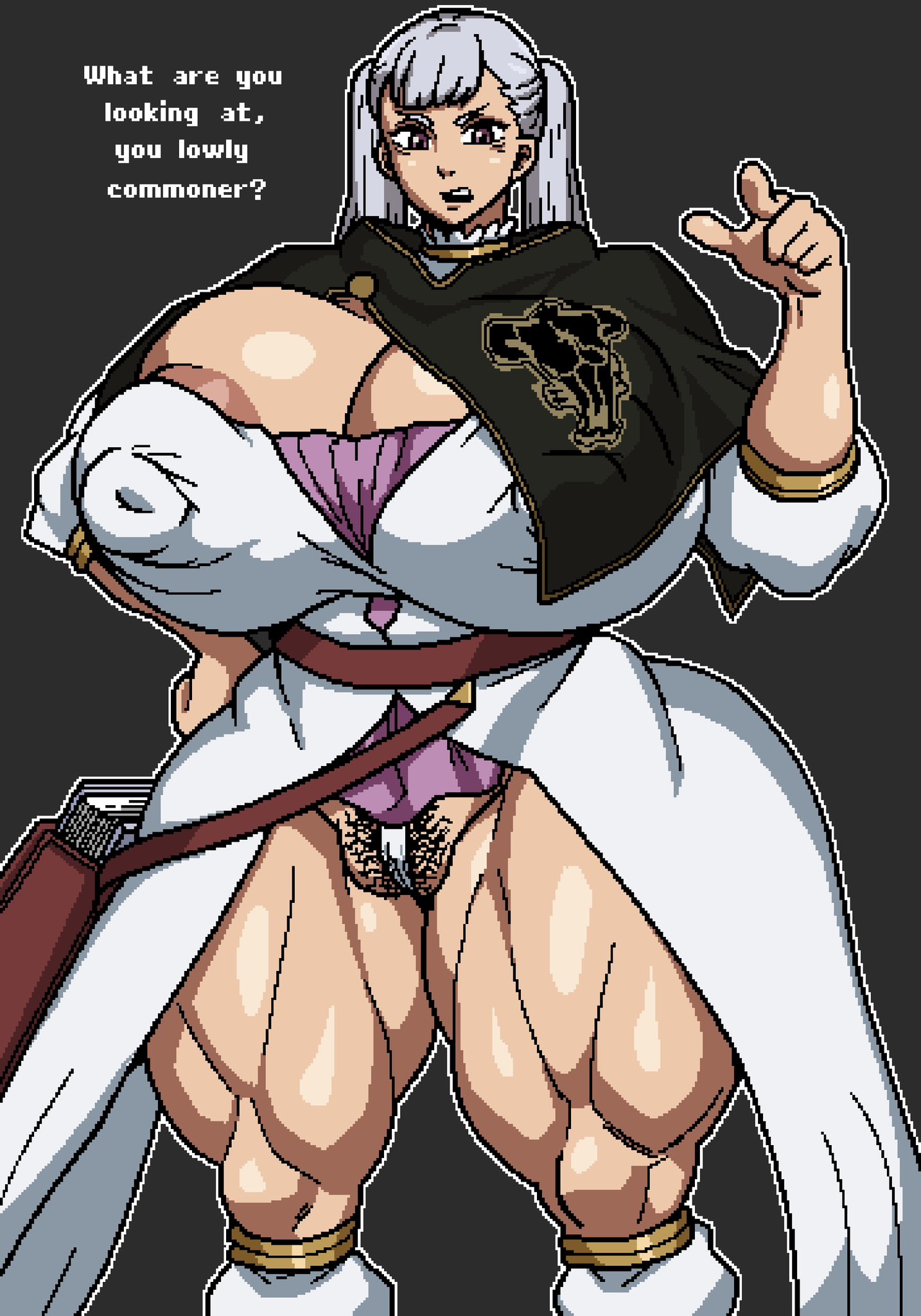 1girls, big nipples, black clover, breasts, female, huge breasts, huge thighs, muscular, muscular thighs, noelle silva, pink eyes, piperat, pixel art, pubic hair, pubic hair peek, venus body, wedgie, white hair
