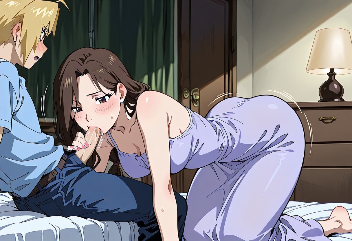 ai generated, blowjob, civitai, edward elric, female, fullmetal alchemist, incest, lauriluusua, mother and son, tagme, trisha elric