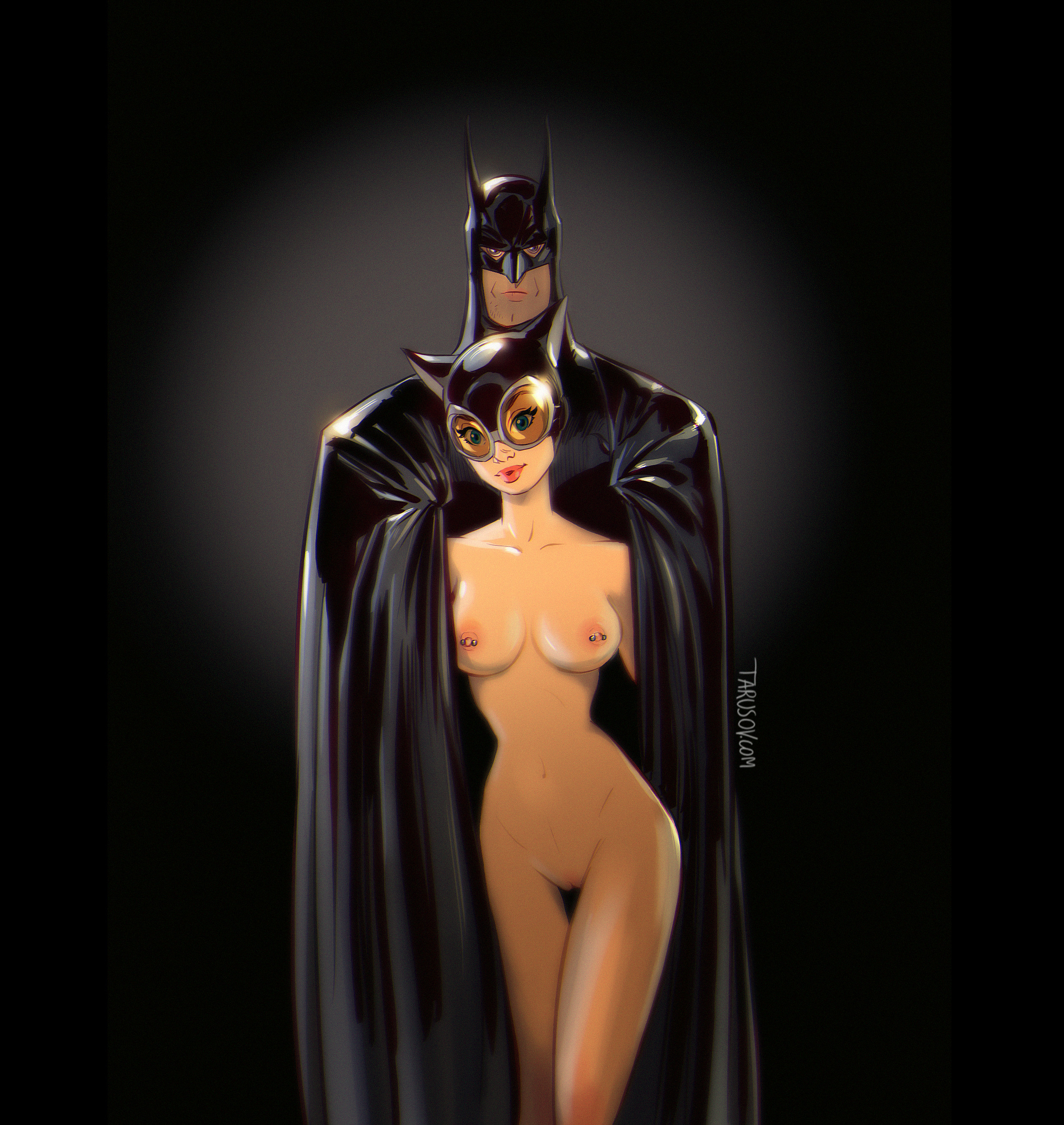 1boy, andrew tarusov, animal ears, artist name, bat ears, batman, batman (bruce wayne), batman (series), belly, blue eyes, breasts, bruce wayne, cap, cape, catwoman, clothed male, clothed male nude female, costume, dc, dc comics, eyelashes, eyewear, fake animal ears, female, goggles, hat, high resolution, hips, human, justice league, legs, lipstick, looking at viewer, makeup, male, mask, medium breasts, megane, navel, nekomimi, nipple piercing, nipple piercings, nipples, nude, nude female, piercing, pussy, selina kyle, signature, simple background, standing, stomach, superhero, superheroine, thighs, vagina, very high resolution