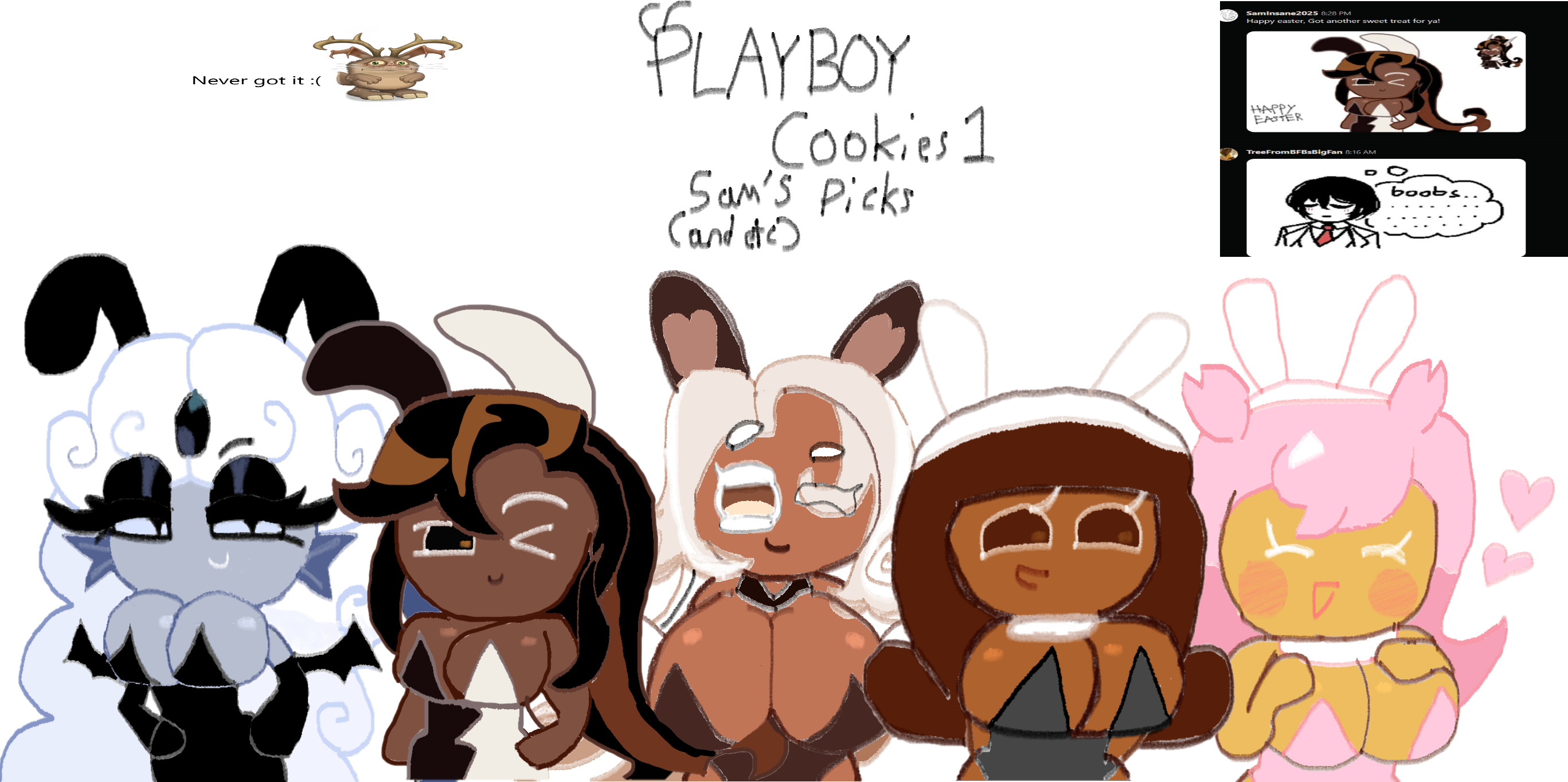 5girls, big breasts, black pearl cookie, breasts, brown body, brown hair, bunny ears, bunnysuit, caramel arrow cookie, caramelpearl (artist), cherry blossom cookie, cocoa cookie, cookie run, cookie run kingdom, cookie run ovenbreak, female, latte cookie (cookie run), long hair, merfolk, mermaid, mermaid girl, pink hair, playboy bunny, tagme, white hair, yi sang (limbus company)