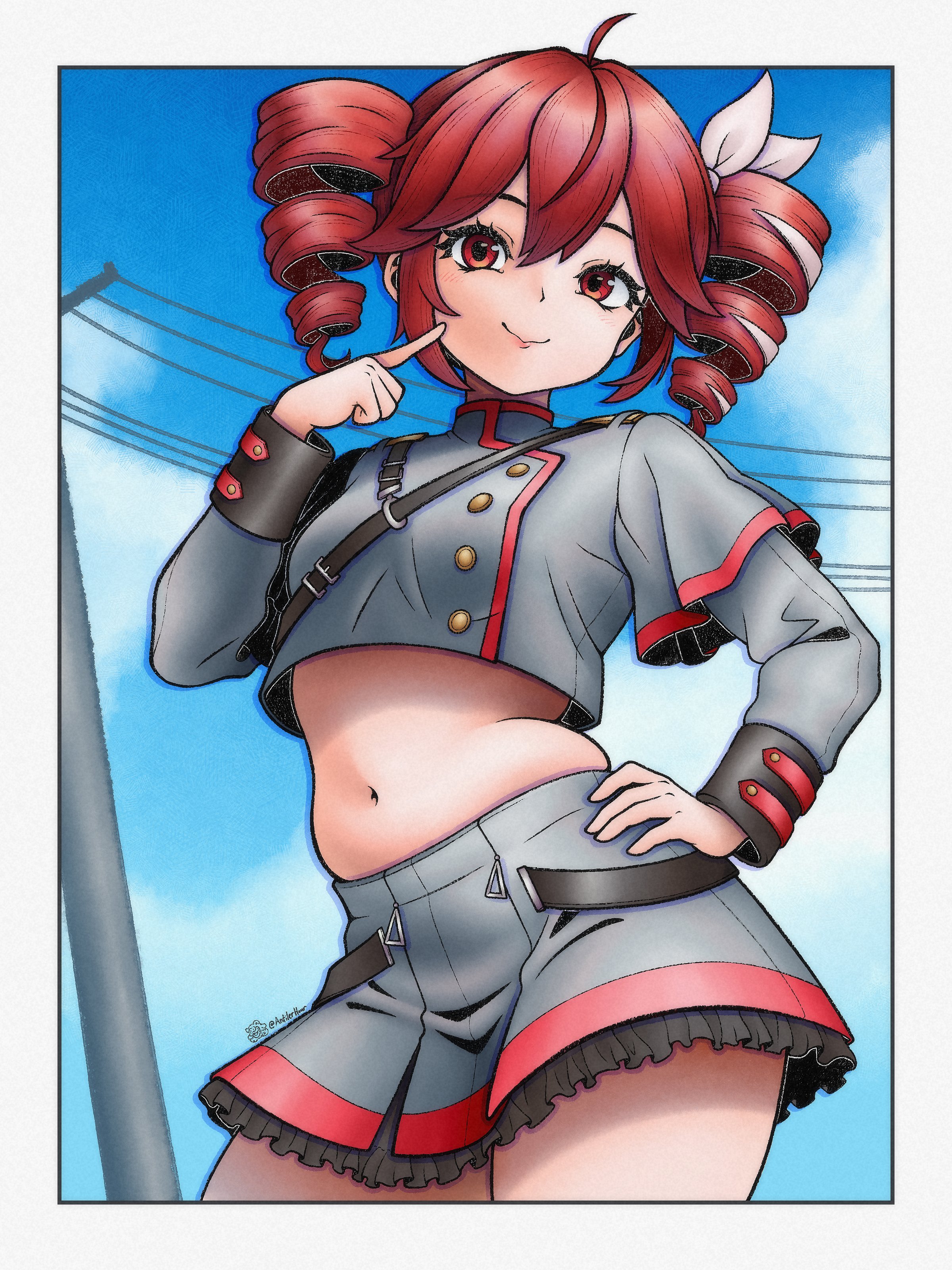1girls, 2d, 2d (artwork), ahoge, antilerhour, artist name, belly, blush, blushing, blushing female, breasts, clothed, clothed female, clothing, crop top, cropped jacket, curvaceous, curvy, curvy female, curvy figure, detailed background, exposed belly, exposed midriff, female, female only, finger to mouth, fully clothed, girly, hair ornament, hairbow, hand on hip, kasane teto, kasane teto (sv), lips, looking at viewer, love handles, midriff, miniskirt, navel, no nudity, pointing at self, pose, posing, powerlines, red eyes, red hair, sfw, skirt, slightly chubby, slightly chubby female, small breasts, smile, soft belly, soft body, solo, solo female, synthesizer v, thick thighs, thighs, twin drills, utau, wide hips