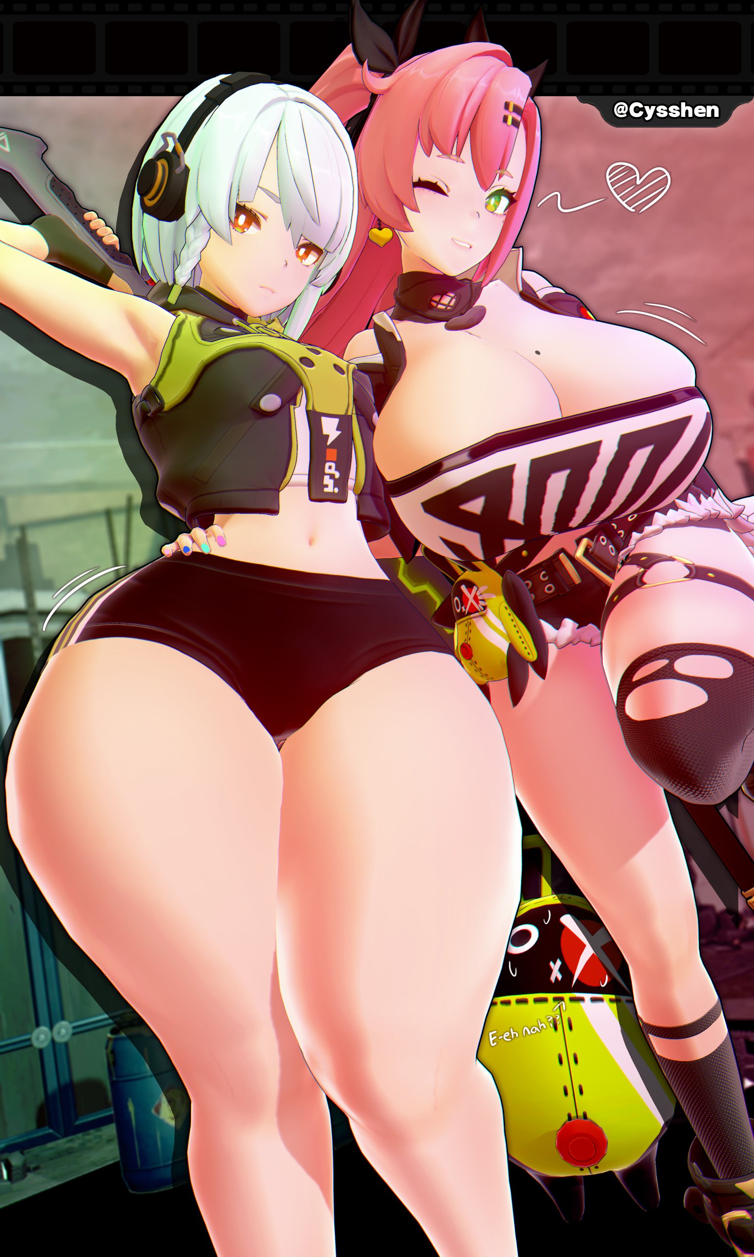 2girls, 3d, anby demara, ass visible through thighs, blush, cleavage, cunning hares, curvy, cyshen, expressionless, gigantic ass, gigantic breasts, gigantic thighs, heart, multiple girls, nicole demara, one eye closed, parted lips, seductive, sisters, smile, take your pick, thick thighs, voluptuous, wide hips, zenless zone zero
