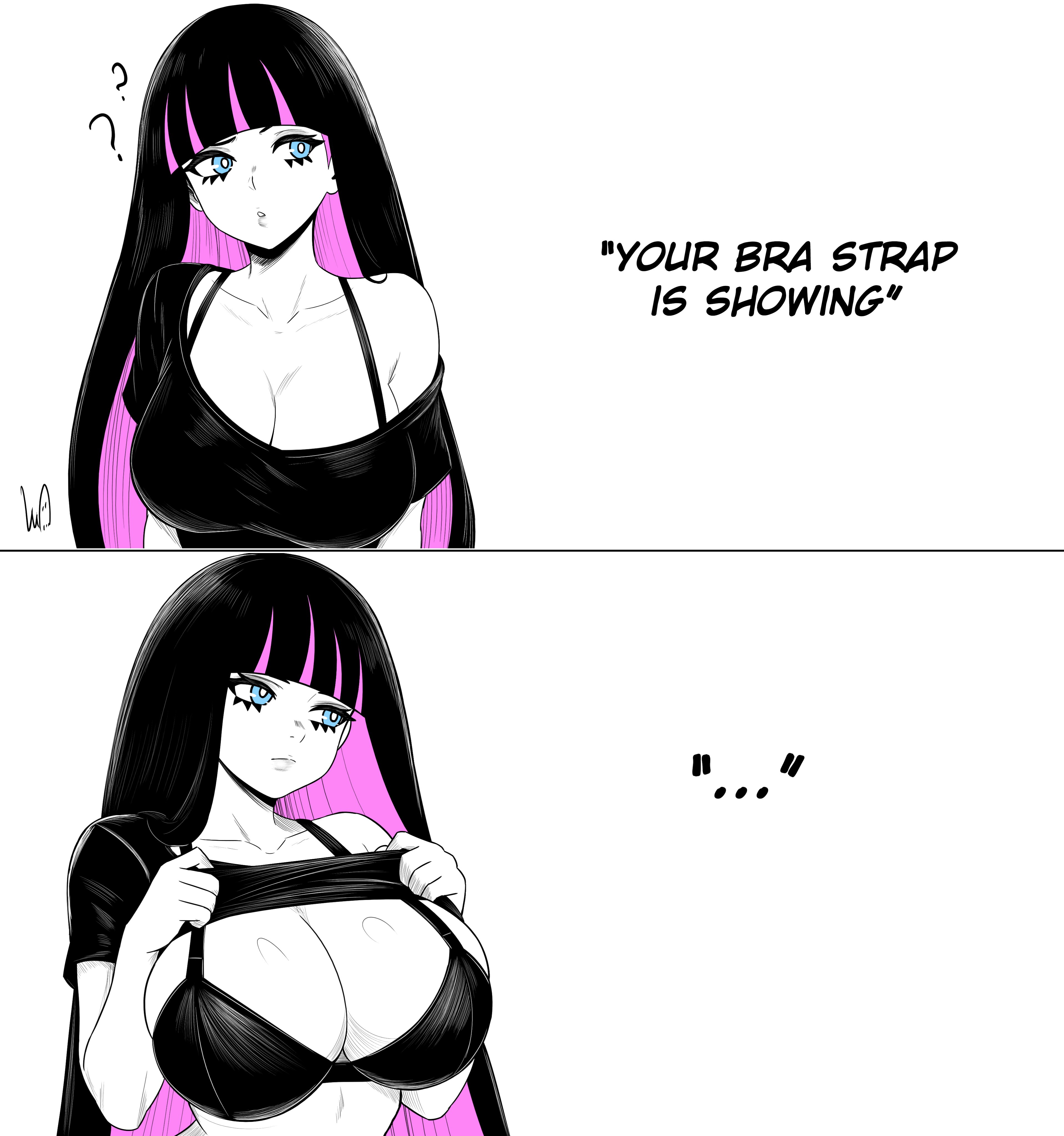 ..., 1girl, absurdres, bikini, black bikini, black hair, black shirt, blue eyes, blunt bangs, bra strap, bra strap is showing (meme), breasts, cleavage, closed mouth, colored inner hair, english text, highres, large breasts, long hair, looking at viewer, lughost, meme, multicolored hair, off shoulder, off-shoulder shirt, panty & stocking with garterbelt, pink hair, shirt, simple background, single bare shoulder, solo, spot color, stocking (psg), stocking anarchy, swimsuit, two-tone hair, upper body, very long hair, white background
