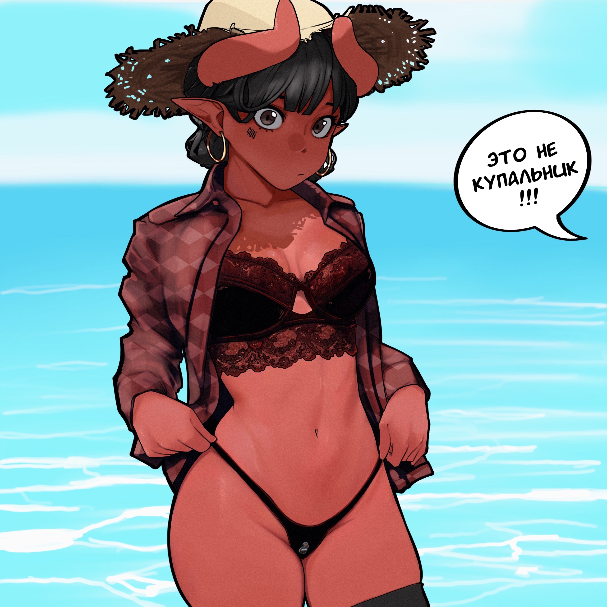 1:1, 1girls, 2d, 2d (artwork), 666, artemvitt, bare midriff, bare thighs, beach, black bra, black hair, black panties, blurry background, cut horn, demon, demon girl, demon horns, digital media (artwork), earrings, female, hat, hazel eyes, headwear, highres, holding panties, lace, lace-trimmed bra, looking at viewer, open clothes, open shirt, original character, pointy ears, red body, red skin, russian text, solo, speech bubble, straw hat, tagme, tattoo, tattoo on face, thong, water, waves