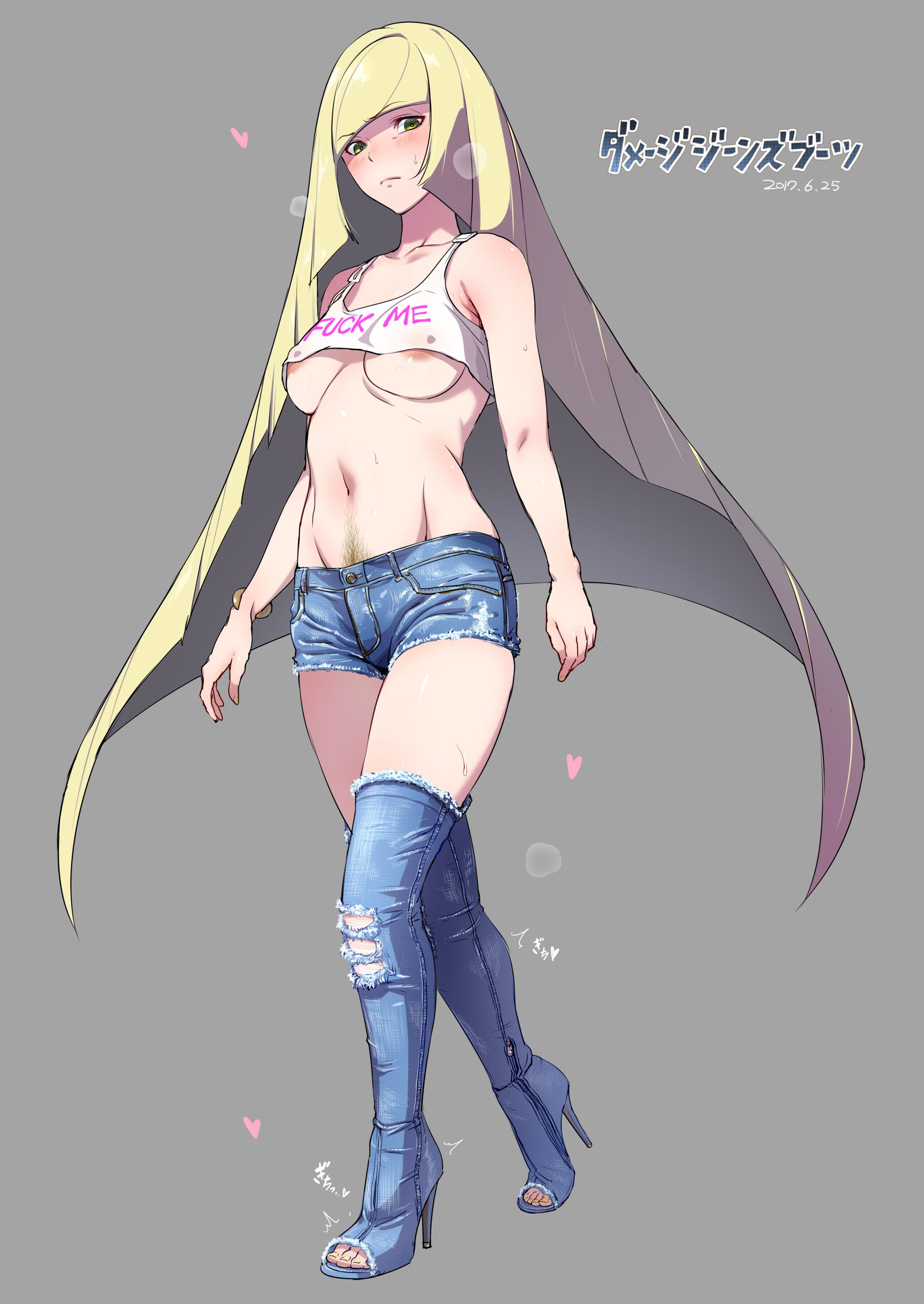 1girls, aether foundation, areolae, bad id, bare arms, bare shoulders, belly, blonde, blonde hair, blue boots, blue shoes, blush, boots, bracelet, breasts, cleavage, covered breasts, dated, denim, denim footwear, denim shorts, english, english text, feet, female, female only, footwear, green eyes, grey background, hair over one eye, happy trail, heart, high heel boots, high heels, high resolution, hips, human, iku (ikuchan kaoru), ill-fitting clothes, japanese text, jewelry, legs, long hair, looking at viewer, lusamine (pokemon), medium breasts, meme attire, midriff, mother, navel, nintendo, open toe shoes, pokemon, pokemon sm, pubic hair, shoes, short shorts, shorts, simple background, small clothes, solo, standing, stomach, sweat, tank top, text, thigh boots, thighhighs, thighs, toes, torn clothes, underboob, very high resolution, very long hair, video game