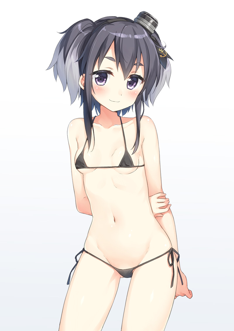 arm_behind_back bikini black_bikini black_hair blush breasts female gradient gradient_background grey_hair hairband hand_on_own_arm holding_elbow kantai_collection looking_at_viewer masuishi_kinoto micro_bikini multicolored_hair navel purple_eyes short_hair short_hair_with_long_locks small_breasts smile solo string_bikini swimsuit tokitsukaze_(kantai_collection) twintails