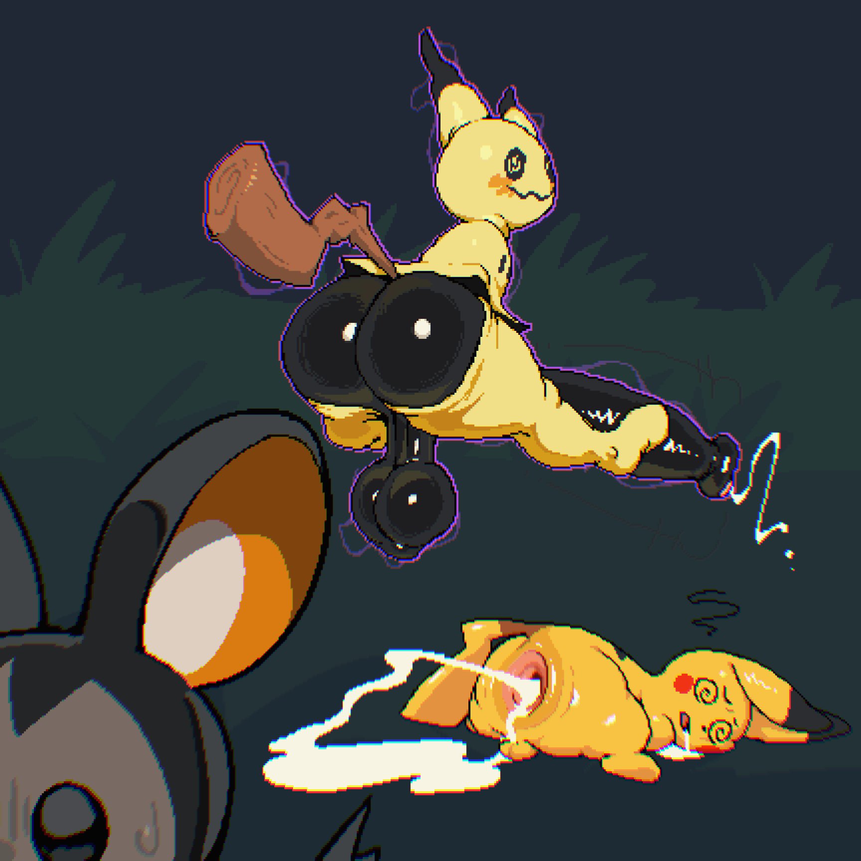 2boys, 2d, after sex, anthro, ass, cum, cum drip, cum dripping from mouth, cum expulsion, emolga, erection, floating, game freak, gay, generation 1 pokemon, generation 5 pokemon, generation 7 pokemon, hung, kinkykong, male, mimikyu, nintendo, no humans, penis, pikachu, pokemon, pokemon (species), tagme, thighs