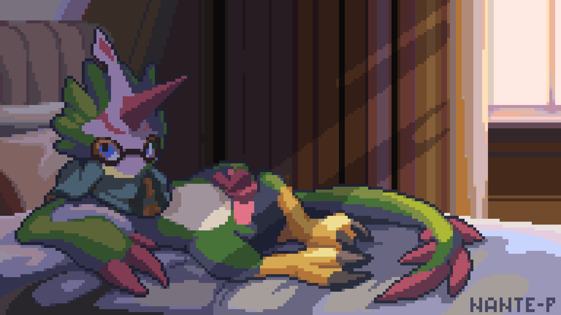 16:9 1boy animated anthro aviator_glasses balls bandai_namco bed bedroom bedroom_sex claws detailed_background digimon digimon_(species) digital_media_(artwork) erection eyewear feathers feet frame_by_frame furniture genitals gif glasses green_body green_feathers hand_on_penis hi_res horn inside lying lying_on_bed male male_only mask masturbation nante-p nude_anthro on_back on_bed penile penile_masturbation penis pink_penis pixel_art presenting presenting_balls presenting_penis pteromon scarf solo stroking_penis talons toes widescreen window