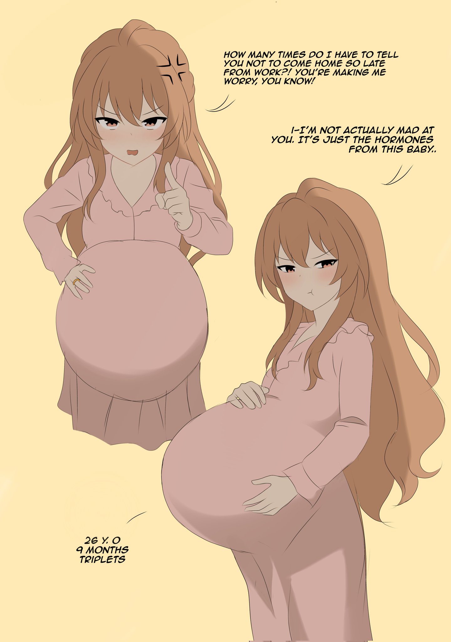 1girls, aisaka taiga, angry, big belly, bloated belly, brown eyes, brown hair, canon pregnancy, clothed, clothing, female, female only, flat chest, heavily pregnant, long hair, petite, pout, pregnant, pregnant with multiples, ready to pop, sarawa kotoku, toradora!, triplets, tsundere