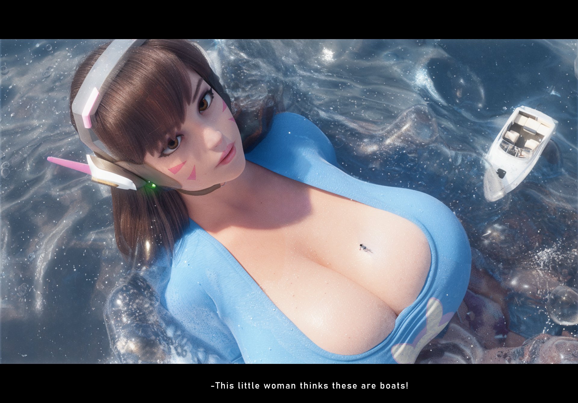2girls, 3d, 3d (artwork), asian, asian female, big boobs, big breasts, blizzard entertainment, boat, boobs, breasts, brown hair, brown hair female, brunette, brunette female, brunette hair, cheek markings, cleavage, collar, d.va, english text, female, female focus, female only, giantess, hana song, huge boobs, huge breasts, korean, korean female, krieginax, large breasts, light skin, light-skinned female, looking up, looking up at viewer, overwatch, overwatch 2, scrag boy (model), scrag d.va, text, vehicle, video game character