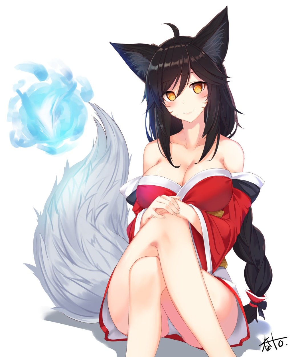 ahri, animal ears, black hair, blush, breasts, clothed, female, fox tail, kitsunemimi, large breasts, league of legends, riot games, solo, white background, yellow eyes