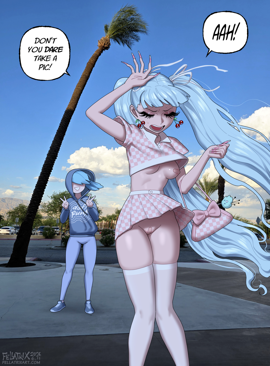 2girls, accidental exposure, bandaid on pussy, bandaids on nipples, blue hair, covered nipples, covered pussy, daisy (fellatrix), exhibitionism, fellatrix, female, female only, going commando, hoodie, legwear, long hair, medium breasts, no bra, no panties, outside, skirt, thick thighs, thighhighs, thighs, twintails, v sign, valentina (fellatrix), wind, wind lift