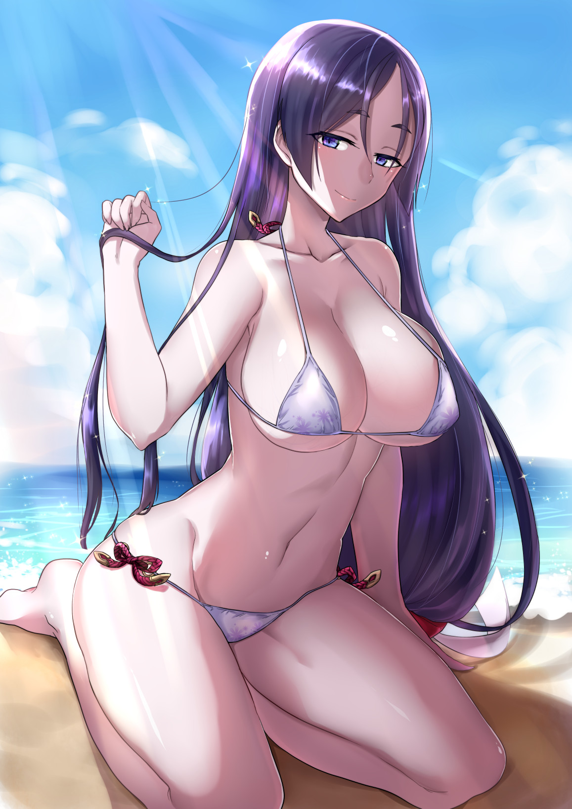 1girls, bikini, breasts, cleavage, curvy, fate (series), fate/grand order, female, female only, huge breasts, kb, large breasts, light skin, light-skinned female, looking at viewer, minamoto no raikou (fate/grand order), minamoto no raikou (swimsuit lancer), pale skin, pale-skinned female, tagme, thighs, very long hair, violet hair, voluptuous