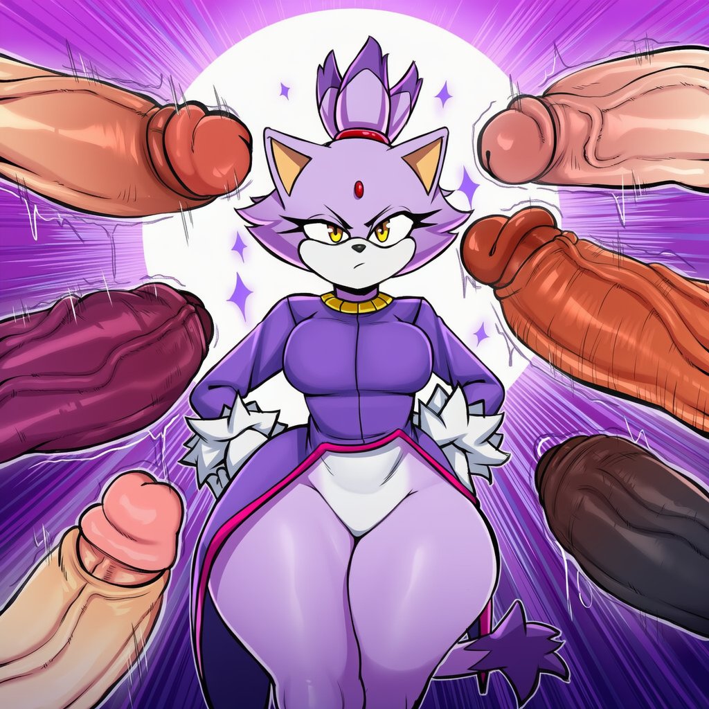 1girl, 1girls, 6boys, ai generated, big breasts, big penis, blaze the cat, clothed female nude male, curvy, frown, furry, human on anthro, imminent sex, large breasts, mullon, novelai, penis, sega, sonic (series), surrounded, surrounded by penises, thick thighs, veiny penis, wide hips