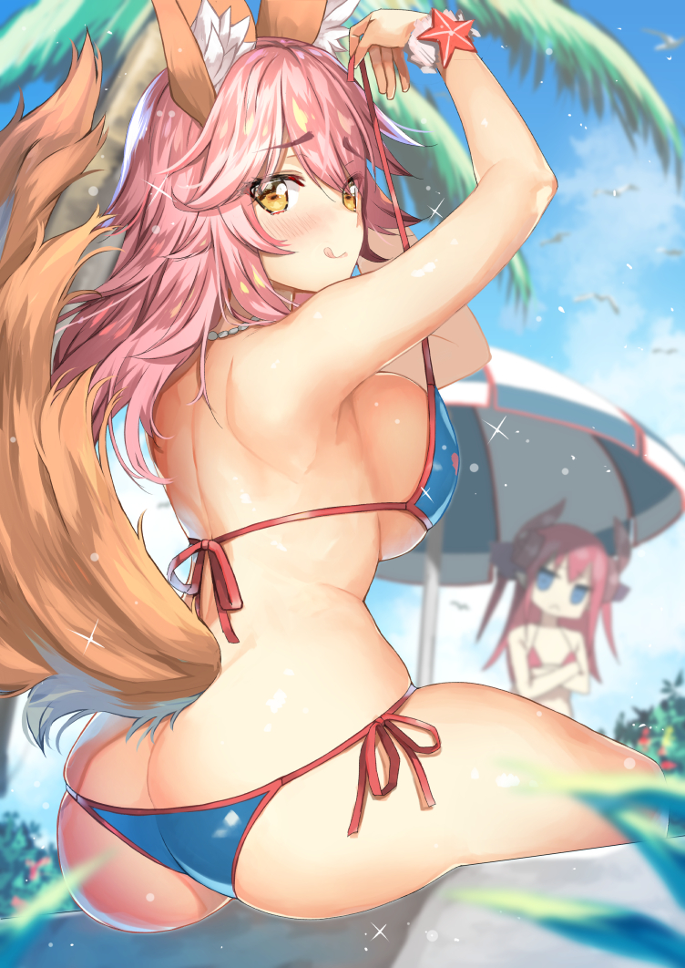 2girls animal_ears armpits arms_up ass back being_watched big_breasts blush body_mahattaya_ginga breasts caster clothed elizabeth_bathory_(fate) fate/grand_order fate_(series) female female_only huge_breasts large_breasts licking_lips long_hair looking_at_viewer looking_back multiple_girls outdoors pink_hair red_hair side-tie_bikini sideboob sitting smile tail tamamo_no_mae_(fate) tongue tongue_out yellow_eyes