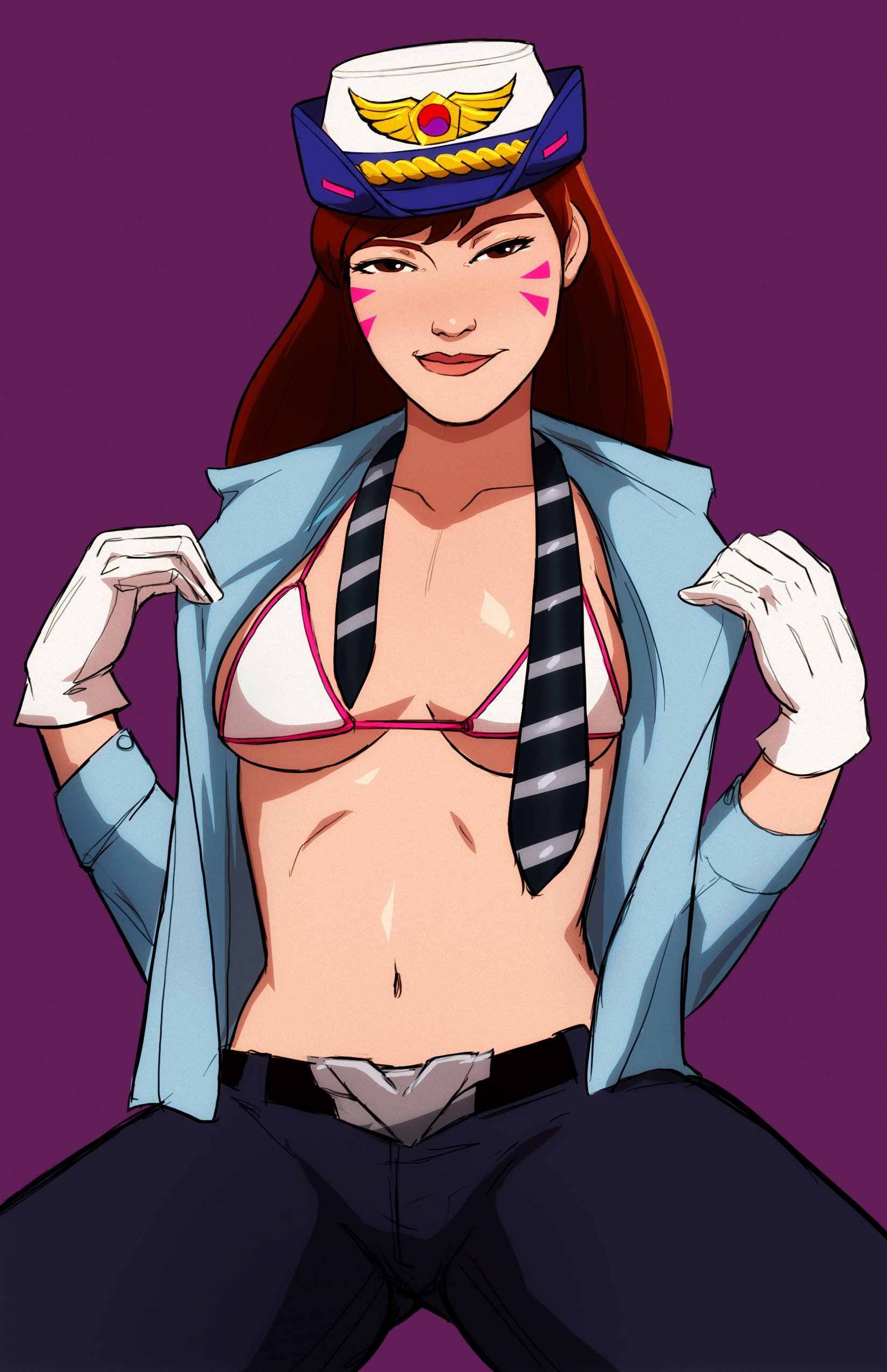 1girls, absurdres, alternate costume, belt, bikini, bikini top, breasts, brown eyes, brown hair, d.va, facepaint, facial markings, female, female only, gloves, hat, highres, human, large breasts, long hair, looking at viewer, midriff, naavs, navel, necktie, overwatch, police, police hat, police officer d.va, police uniform, policewoman, purple background, simple background, smile, smirk, solo, undressing, uniform, whisker markings, white gloves