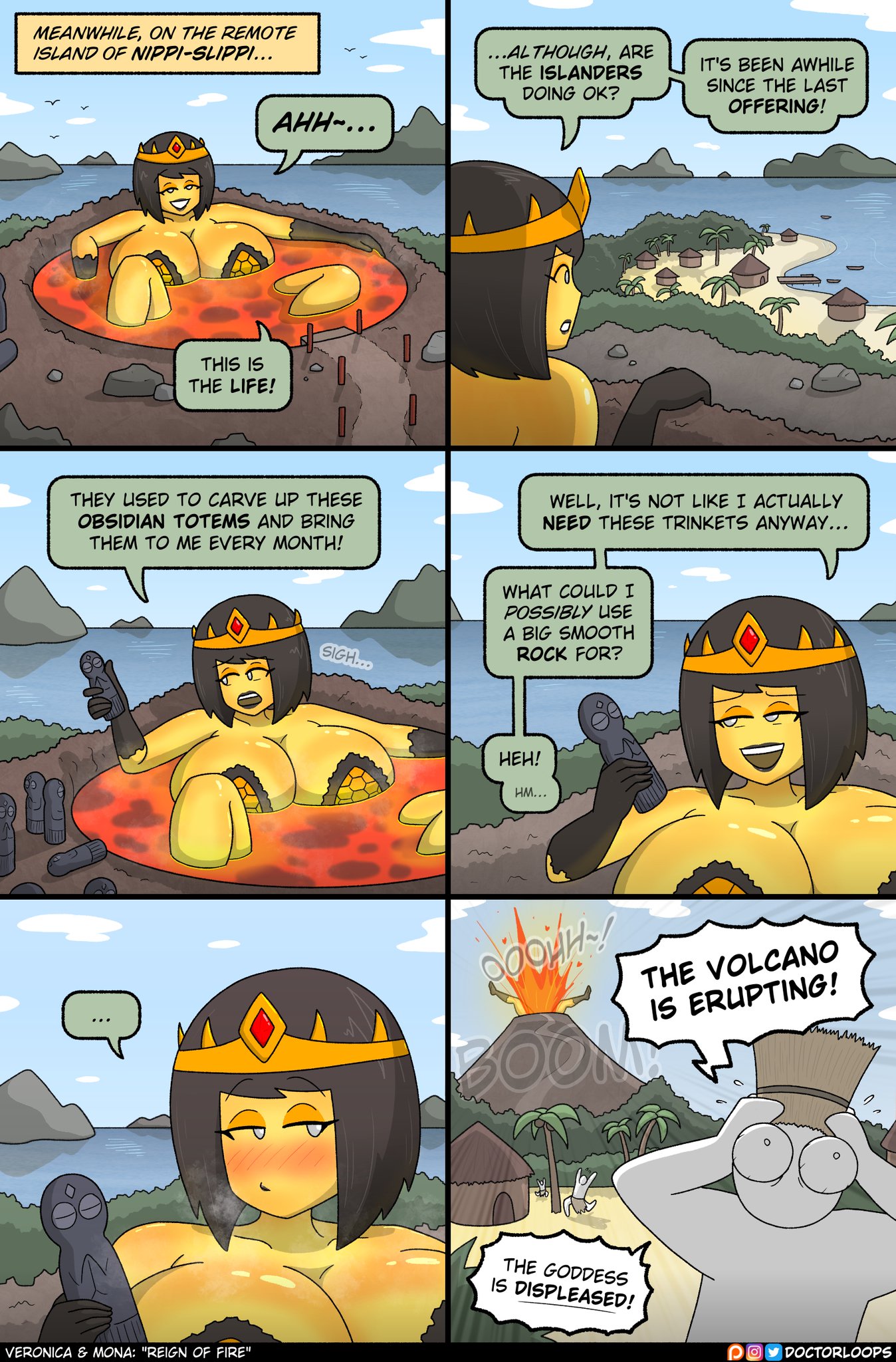 aroused, bathing, blush, blushing, comedy, crown, doctorloops, eruption, funny background event, giant female, giantess, goddess, huge breasts, implied masturbation, implied orgasm, island, large breasts, lava, lipstick, massive breasts, moaning, moaning in pleasure, orgasm, panicking, running, running away, sexually suggestive, statue, tagme, terrified, totem, turned on, veronica (doctorloops), veronica and mona, volcanic eruption, volcano