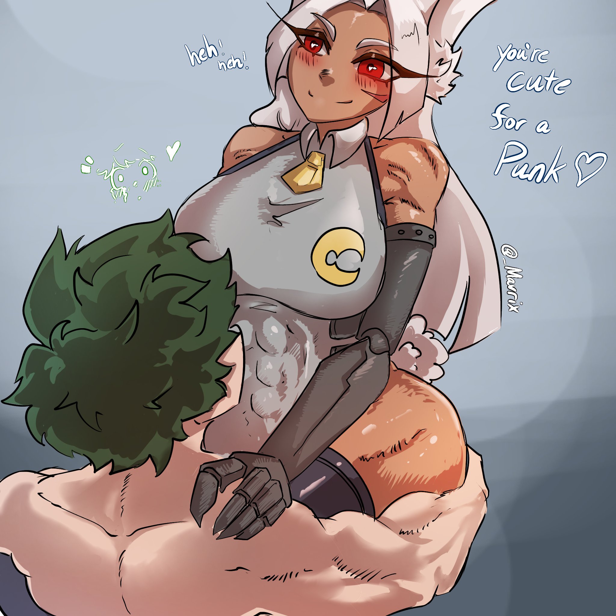 1boy, 1boy1girl, 1girls, 2026, back view, blush, blush lines, blushing, blushing female, boku no hero academia, bunny ears, bunny girl, bunny tail, clothed, deku, english text, eyelashes, female, female on top, green hair, green-haired male, hand on hip, heart-shaped pupils, hips, hips wider than shoulders, izuku midoriya, long eyelashes, long hair, long-haired female, looking at partner, male, male on bottom, male/female, mavrix, mirko, miruko, muscular, muscular female, muscular male, my hero academia, my hero academia (finale), post-timeskip, red eyes, rumi usagiyama, sex, thick thighs, thighhighs, thighs, white hair, white-haired female