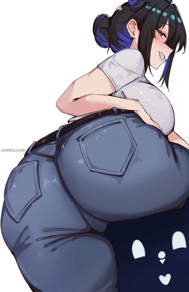 1girls, 2026, 2d, 2d (artwork), artist name, ass, behind, behind view, belt, big ass, big butt, black hair, blue hair, bubble ass, bubble butt, butt, clothed, clothing, color, colored, digital media (artwork), female, female only, fully clothed, hi res, hololive, hololive english, hololive english -advent-, jeans, large breasts, looking at viewer, looking back, low-angle view, meeko illus, multicolored hair, nerissa ravencroft, simple background, smile, smile at viewer, solo, thick thighs, thighs, viewed from behind, virtual youtuber, vtuber, white background