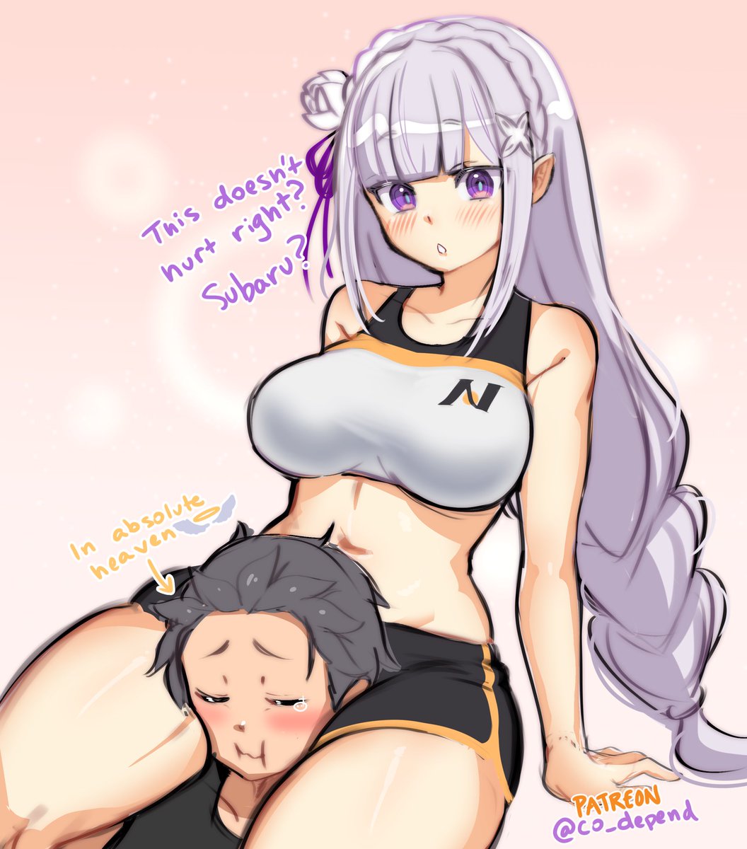 1boy, 1girls, belly, braided hair, co depend, elf, elf ears, elf female, emilia (re:zero), head between thighs, large breasts, natsuki subaru, purple eyes, re:zero kara hajimeru isekai seikatsu, silver hair, sports bra, sports shorts, sportswear, thick thighs