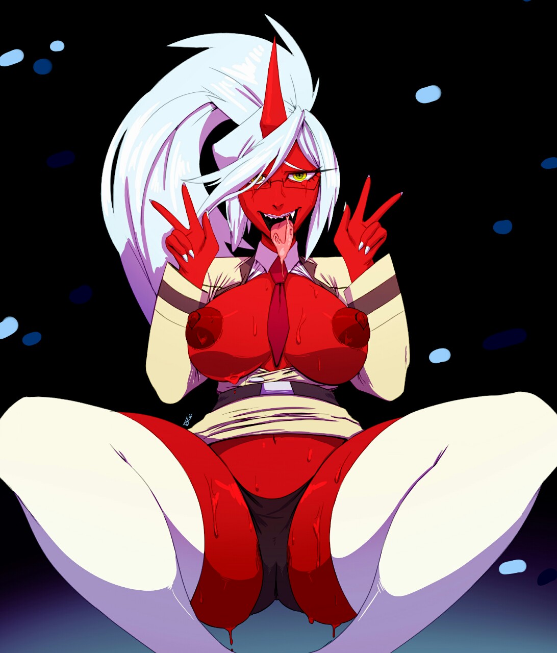 ahe gao, breasts, breasts out, demon, demon girl, drooling, female, glasses, horn, kneesocks, kneesocks daemon, nipples, panties, panty & stocking with garterbelt, red skin, thehumancopier, tongue, tongue out, v