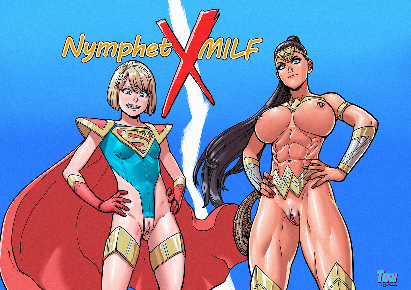 2017, 2girls, abs, alien, amazon, armlet, armor, artist name, bare shoulders, belt, black hair, blonde, blue background, blue eyes, blue leotard, boots, bracelet, braces, breasts, cape, clothed, clothed female, covered breasts, cutout, dated, dc, dc comics, diana of themyscira, english, english text, female, female only, gauntlets, gloves, hair ornament, highleg, highleg leotard, hips, injustice 2, jewelry, justice league, kara zor-el, kryptonian, large breasts, lasso, lasso of truth, legs, leotard, long hair, looking down, makeup, medium breasts, medium hair, multiple females, multiple girls, muscles, muscular, muscular female, nail polish, naked footwear, nipple piercing, nipple piercings, nipples, nude, piercing, ponytail, pussy, red gloves, shoes, simple background, standing, supergirl, supergirl (injustice), superhero, superheroine, superman (series), tekuho, text, thigh boots, thighhighs, thighlet, thighs, tiara, tied hair, topless, vagina, very long hair, watermark, wonder woman, wonder woman (injustice), wonder woman (series), younger