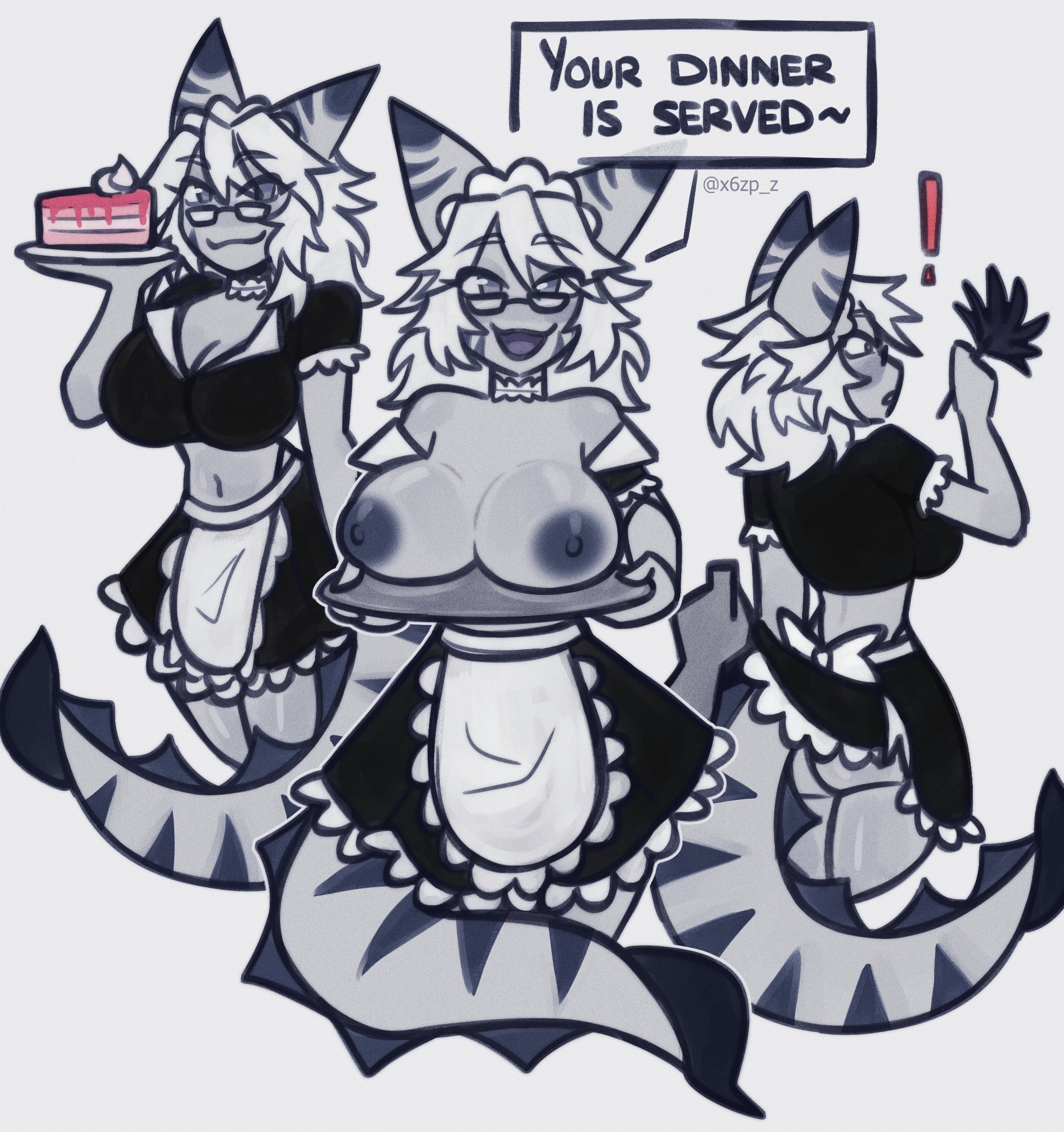 1girls, areolae, ass visible, belly button, boobs on tray, boobs out, breasts, breasts on tray, breasts out, cake, cleavage, female, genderswap (mtf), hot, maid, maid uniform, nipples, roblox, roblox avatar, robloxian, skirt lift, skirt lifted by another, surprised face, tagme (artist), tiger shark