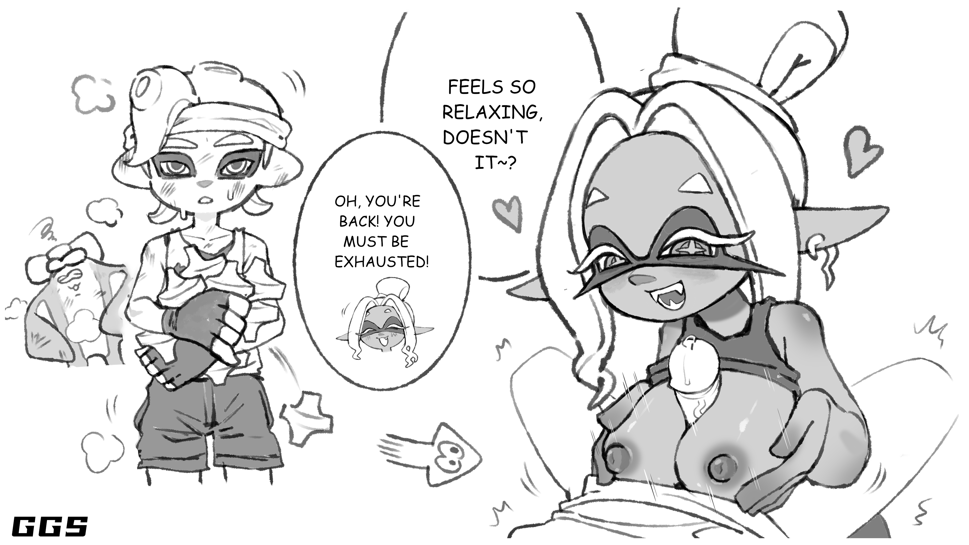 1boy, 1girls, english dialogue, english text, frye (splatoon raiders), frye (splatoon), glengrantsquid, inkling, inkling girl, mechanic (splatoon raiders), nintendo, octoling, octoling boy, paizuri, splatoon, splatoon (series), splatoon raiders, tentacle hair, twink