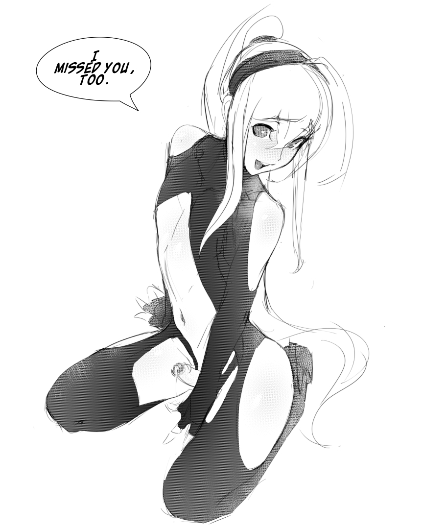 1boy, androgynous, cum, erection, femboy, foreskin, girly, looking at viewer, male, male only, monochrome, necrosmos, penis, precum, solo, speech bubble, text, trap, uncircumcised, uncut