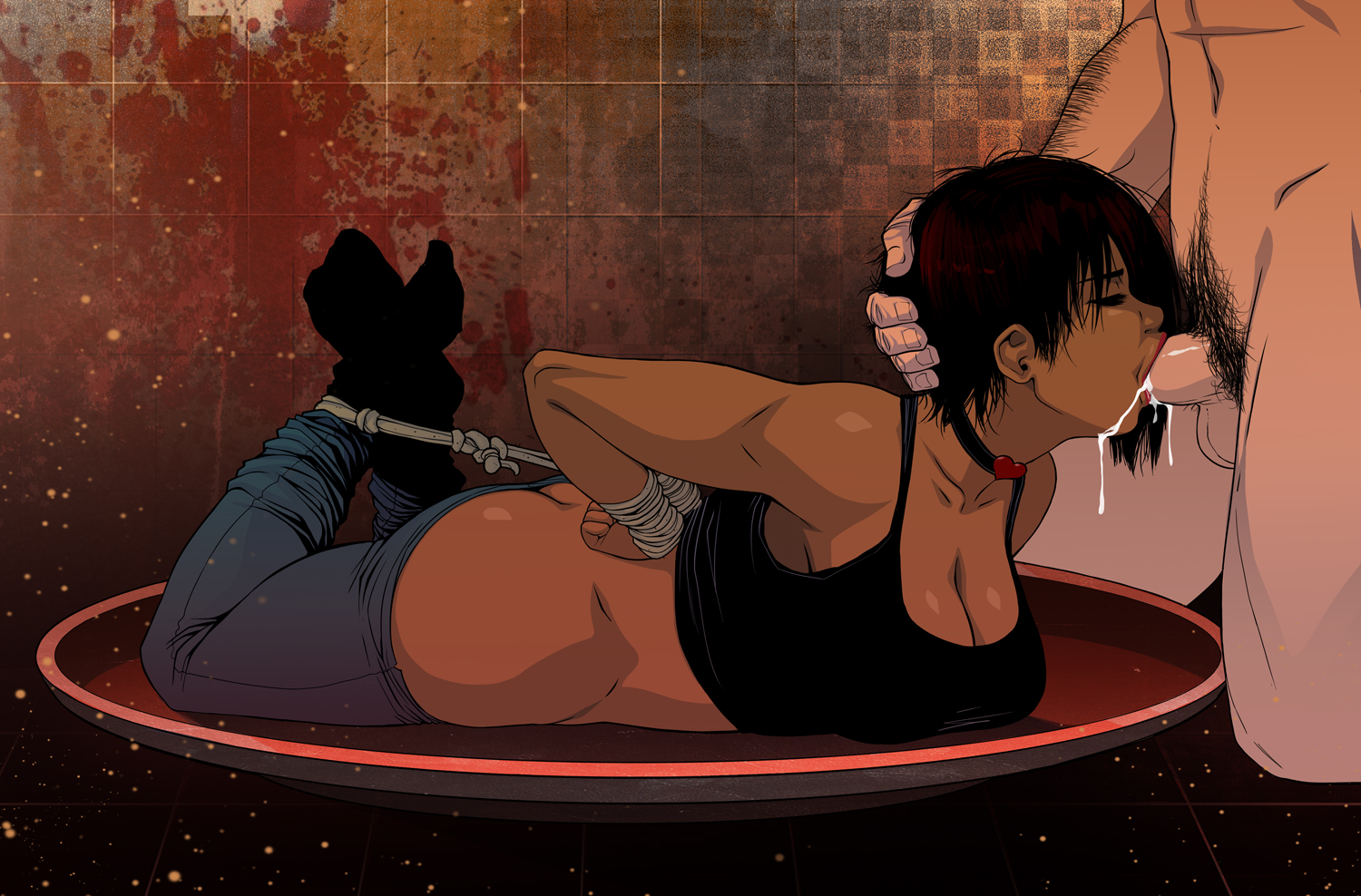 1boy, 1girls, ass, big ass, big breasts, big penis, black tank top, breasts, cleavage, closed eyes, clothing, cum, cum in mouth, cum inside, dark skin, dark-skinned female, defeat, defeated, defeated heroine, fellatio, female, hand on head, hogtie, interracial, jeans, light skin, light-skinned male, male, msperoni, no panties, open mouth, oral, pale skin, pale-skinned male, penis, rape, restrained, rope, sex, short hair, spread legs, tank top, thick penis, triplexmile, uncensored
