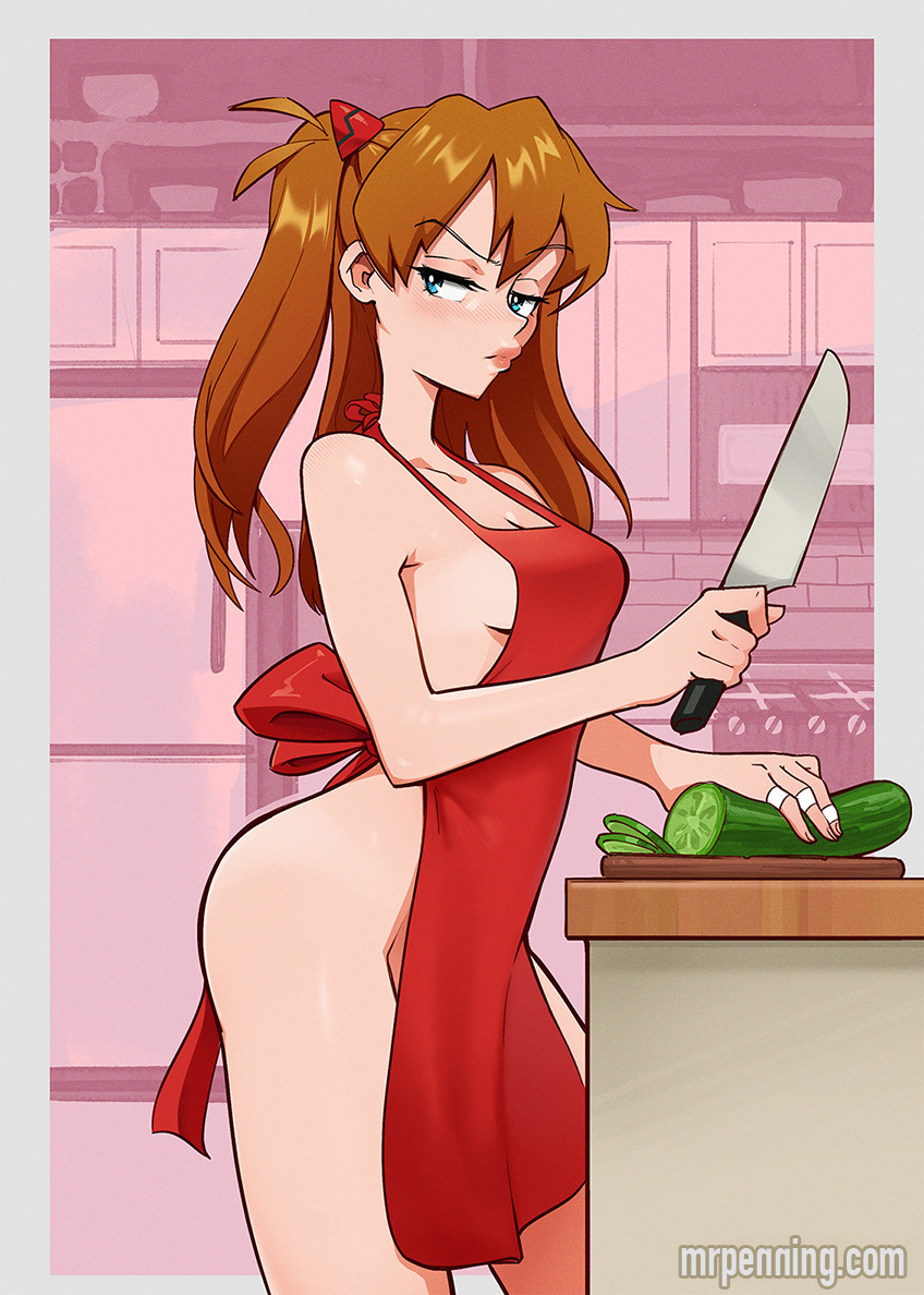 ass, asuka langley sohryu, blue eyes, female, green eyes, kitchen knife, mrpenning, naked apron, neon genesis evangelion, red hair, sideboob, solo