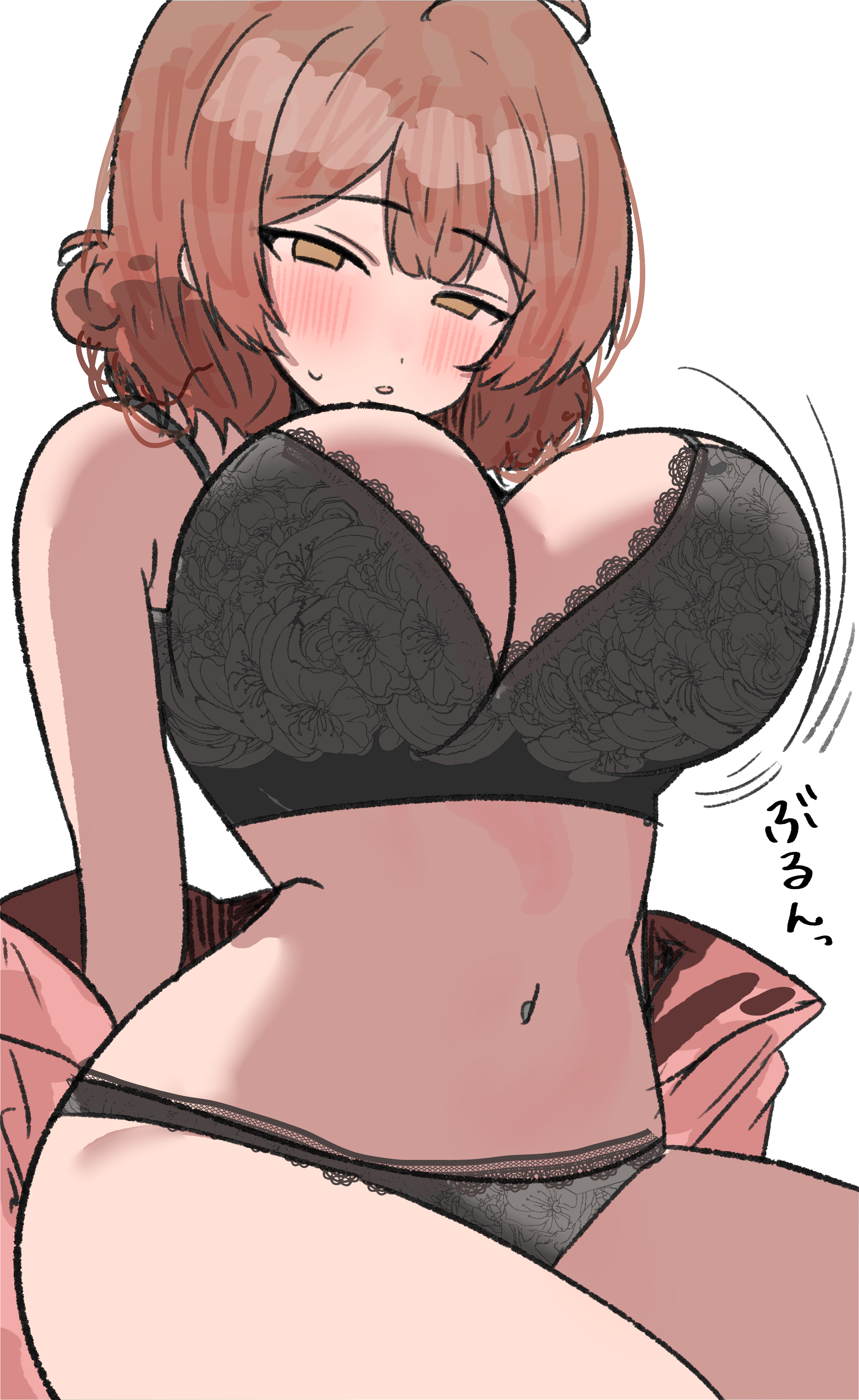 arms behind back, aroused, bikini, blush, bouncing breasts, curvy, empty eyes, gakuen idolmaster, hanami ume, huge breasts, idolmaster, in heat, jacket, lace trim, lingerie, sitting, undressing