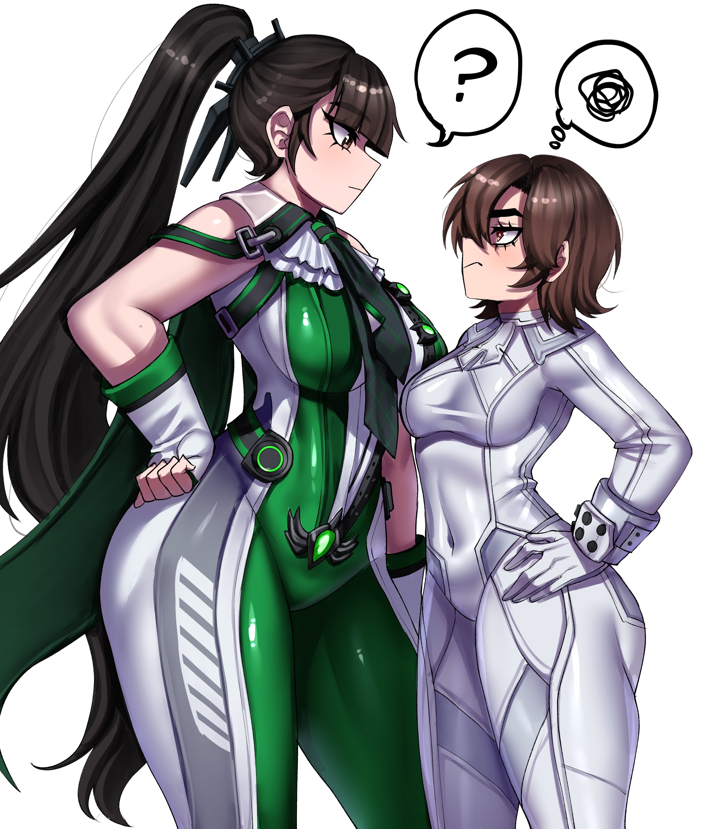 2026, 2girls, angry, big breasts, black hair, bodysuit, breasts, brown hair, eve (stellar blade), evie (stellar blade), female, female only, large breasts, long hair, multiple girls, ponytail, rageman709, shift up, short hair, size difference, stellar blade, stellar blade: blood rain