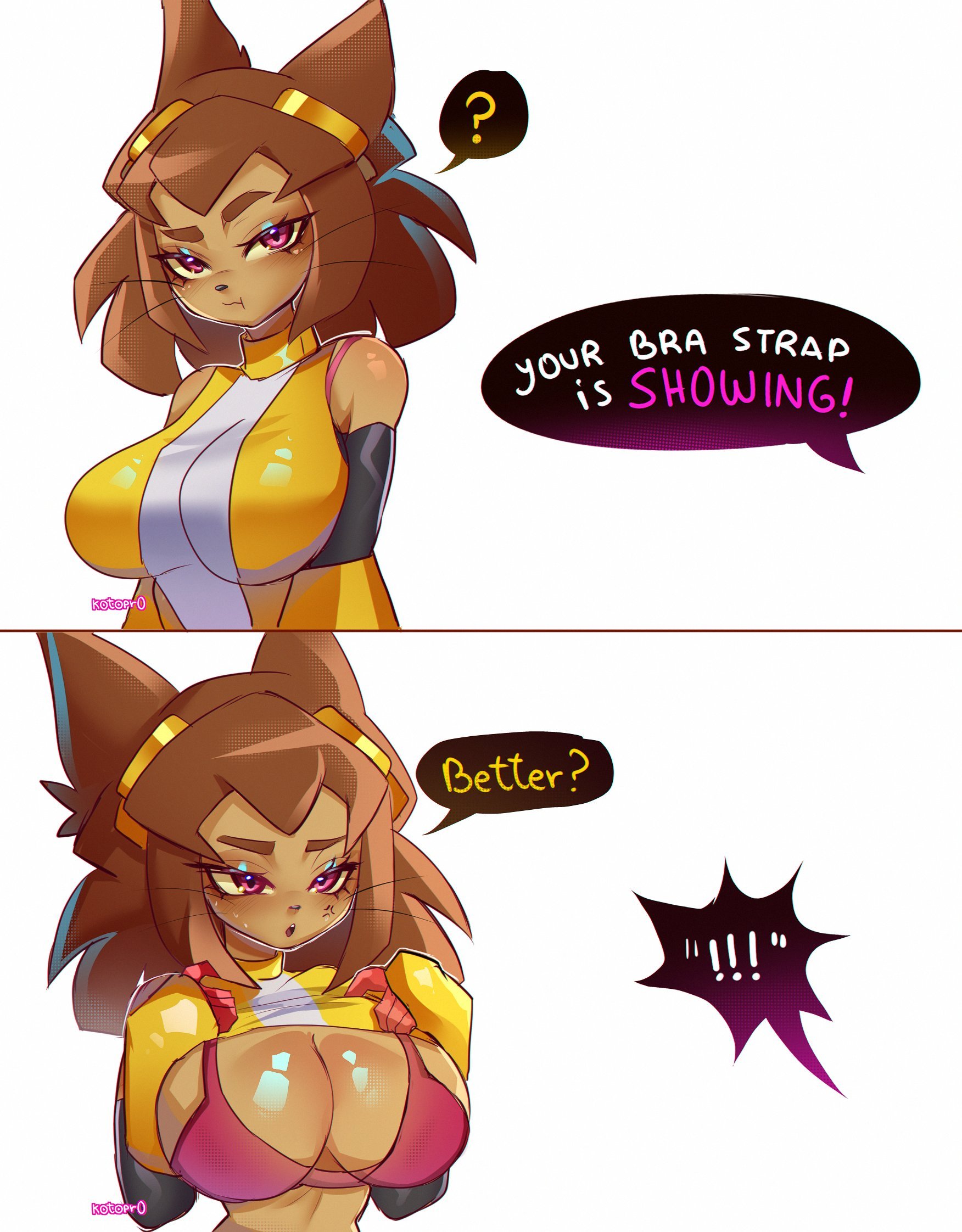 !, !!, ?, 1girl, 2koma, anger vein, animal ears, artist name, bra, bra strap, bra strap is showing (meme), breasts, brown hair, cat ears, cat girl, cleavage, clothes lift, comic, dialogue, english text, furry, furry female, gameoverse, goggles, goggles on head, highres, kit (gameoverse), kotopr0, large breasts, lifting own clothes, looking at viewer, meme, pink eyes, red bra, shirt, shirt lift, short hair, simple background, solo, speech bubble, spoken exclamation mark, spoken question mark, underwear, upper body, white background, yellow shirt