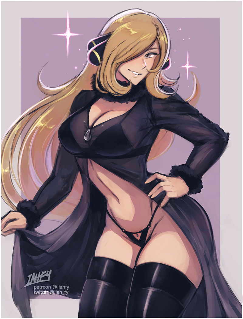 1girls, alternate breast size, big breasts, breasts, busty, cleavage, cynthia (pokemon), female, female only, hand on hip, iahfy, large breasts, legs, looking at viewer, navel, panties, pokemon, pokemon dppt, pose, posing, sensual, smile, solo, thick thighs, thighhighs, thighs, voluptuous