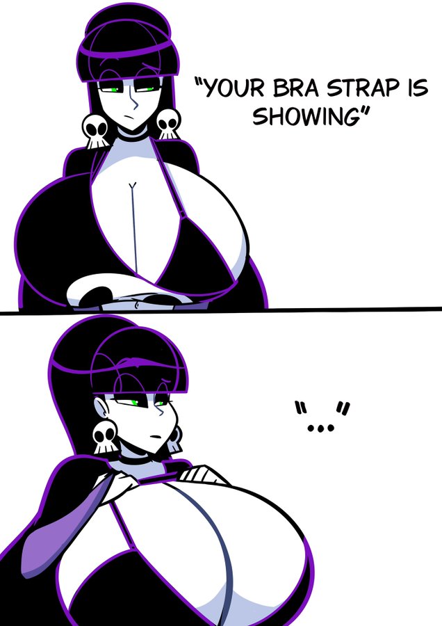 1girls, 2026, atomickingboo, big breasts, black eyeshadow, black hair, black hair female, black lips, black lipstick, black-haired female, bra, bra strap, bra strap is showing (meme), breasts, breasts bigger than head, choker, clothed, clothed female, clothing, crop top, ear piercing, ear ring, earring, earrings, english, english text, eyebrow raise, eyeshadow, female, female only, huge breasts, lifting, lifting own clothes, lifting shirt, light skin, light-skinned female, lindel dollice quilten, lips, lipstick, meme, meme reference, oc, original, original character, pale skin, pale-skinned female, partially clothed, partially clothed female, pierced ears, piercing, piercings, raised eyebrow, shirt, shirt lift, skull, skull earrings, solo, text, the besties (atomickingboo), upper, upper body, upper body focus, upper body only