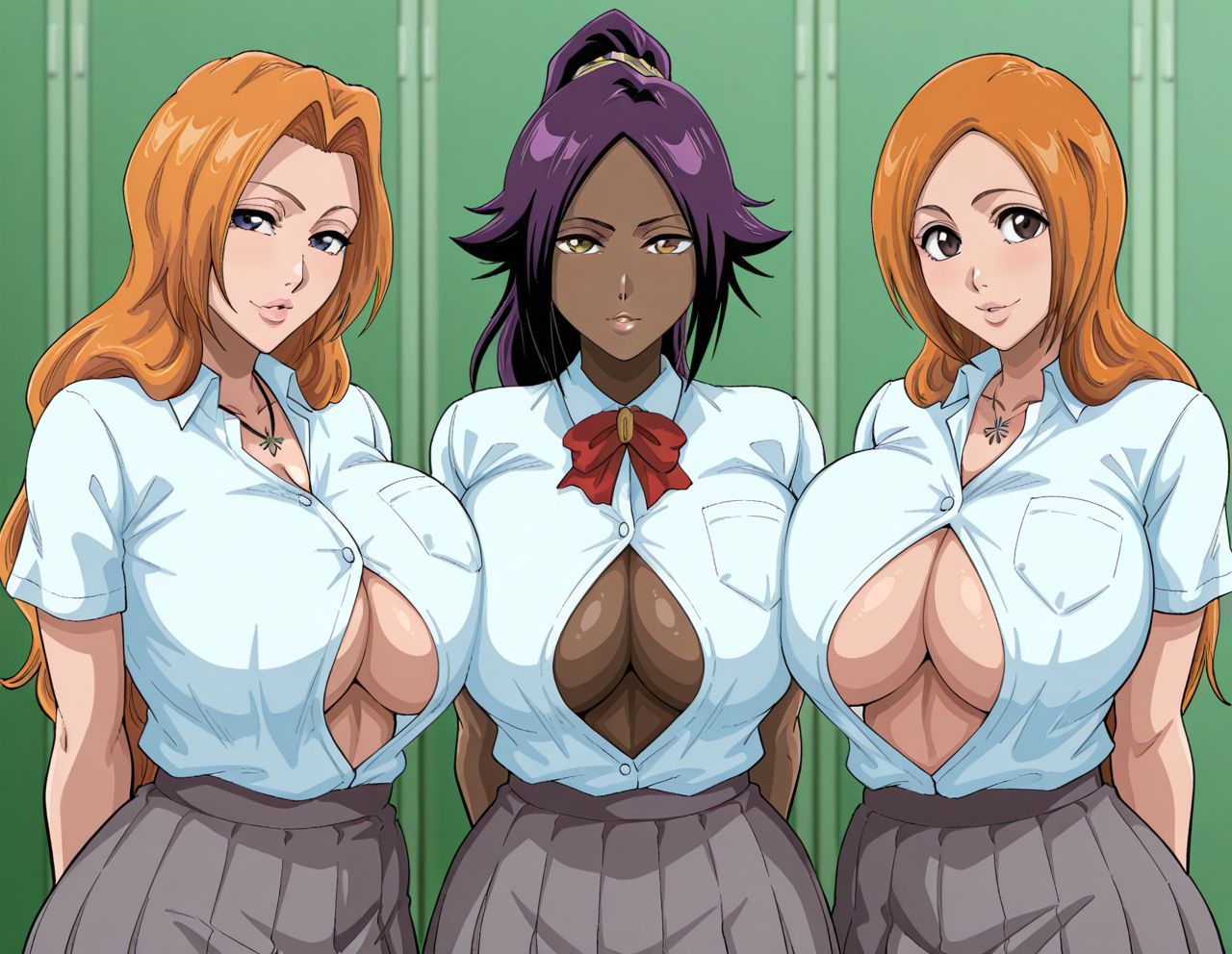 3girls ai_generated big_breasts bleach bleach:_the_thousand-year_blood_war blue_eyes breasts brown_eyes curvy_body curvy_female curvy_figure dark-skinned_female dark_skin female female_focus female_only huge_breasts inoue_orihime kyoru189 large_breasts light-skinned_female light_skin long_hair looking_at_viewer matsumoto_rangiku mature_female milf multiple_girls orange_hair ponytail purple_hair school_uniform seductive seductive_look shihouin_yoruichi shiny shiny_skin shirt skirt solo_female underboob yellow_eyes