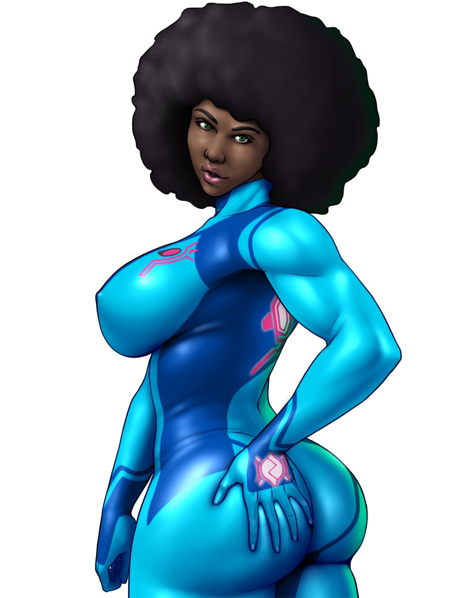 1girls, afro, ass, big ass, big breasts, black hair, breasts, brown skin, cosplay, dark skin, dark-skinned female, female, female only, lips, metroid, nikcesco, nintendo, pose, samus aran (cosplay), solo, thick thighs, thighs, zero suit