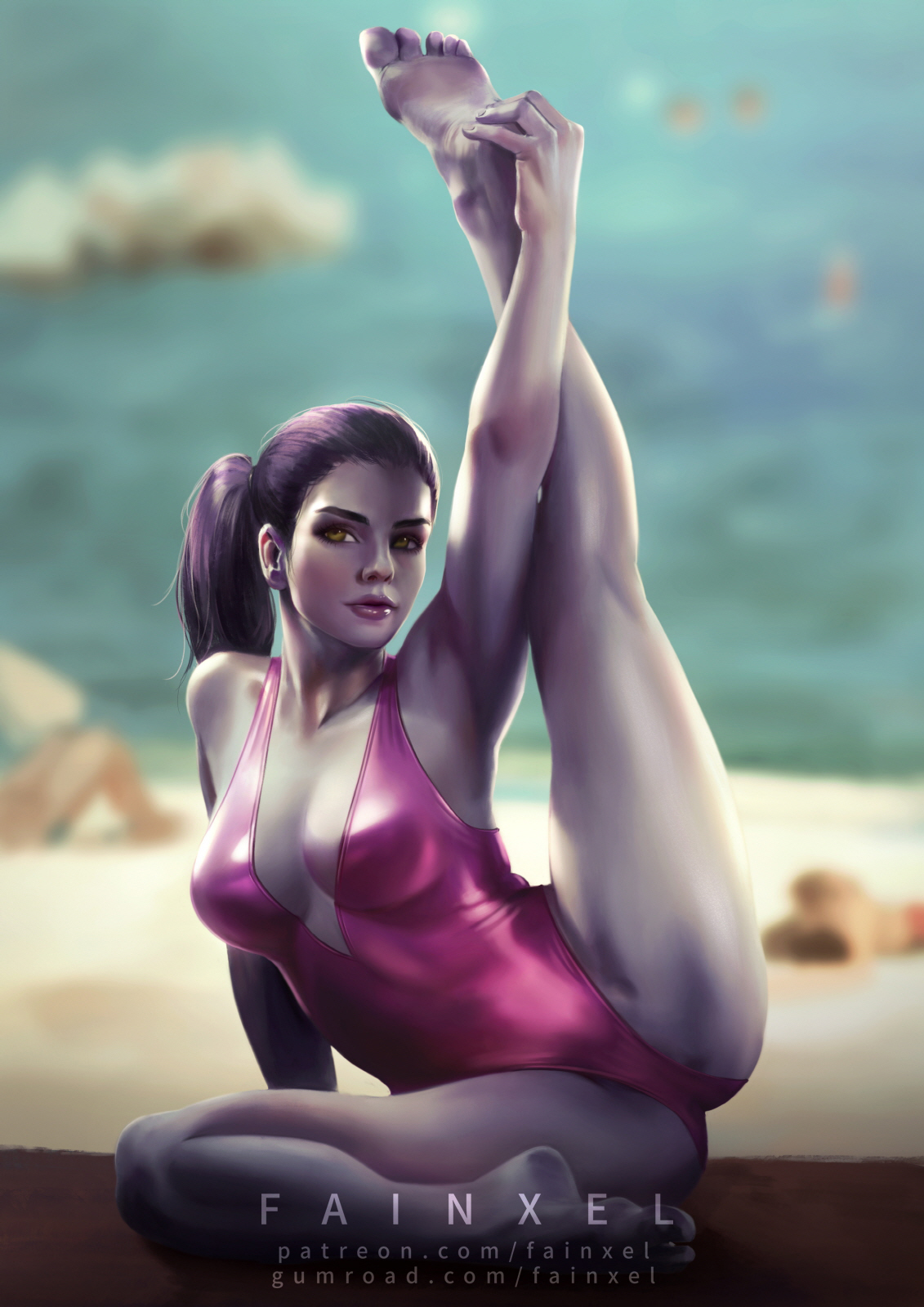breasts, cleavage, fainxel, female, female only, leg up, long hair, one-piece swimsuit, overwatch, solo, spread legs, swimsuit, widowmaker