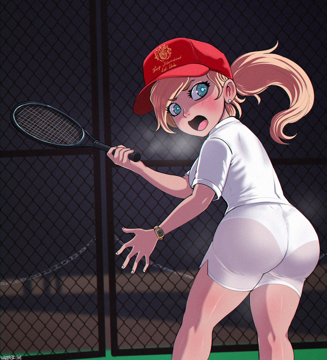 1girls, american, armwear, ass, big ass, blonde hair, blue eyes, blush, breasts, cap, celebrity, donald j trump, donald trump, earrings, embarrassed, eyelashes, eyes, female, female only, fence, genderswap, genderswap (mtf), hat, headgear, holding object, human, human only, light skin, light-skinned female, long hair, looking back, open eyes, open mouth, outside, panties, piercing, politics, ponytail, rear view, rule 63, see-through, see-through clothing, shadman, shocked, shorts, signature, solo, standing, tight clothes, white clothing, wristwatch