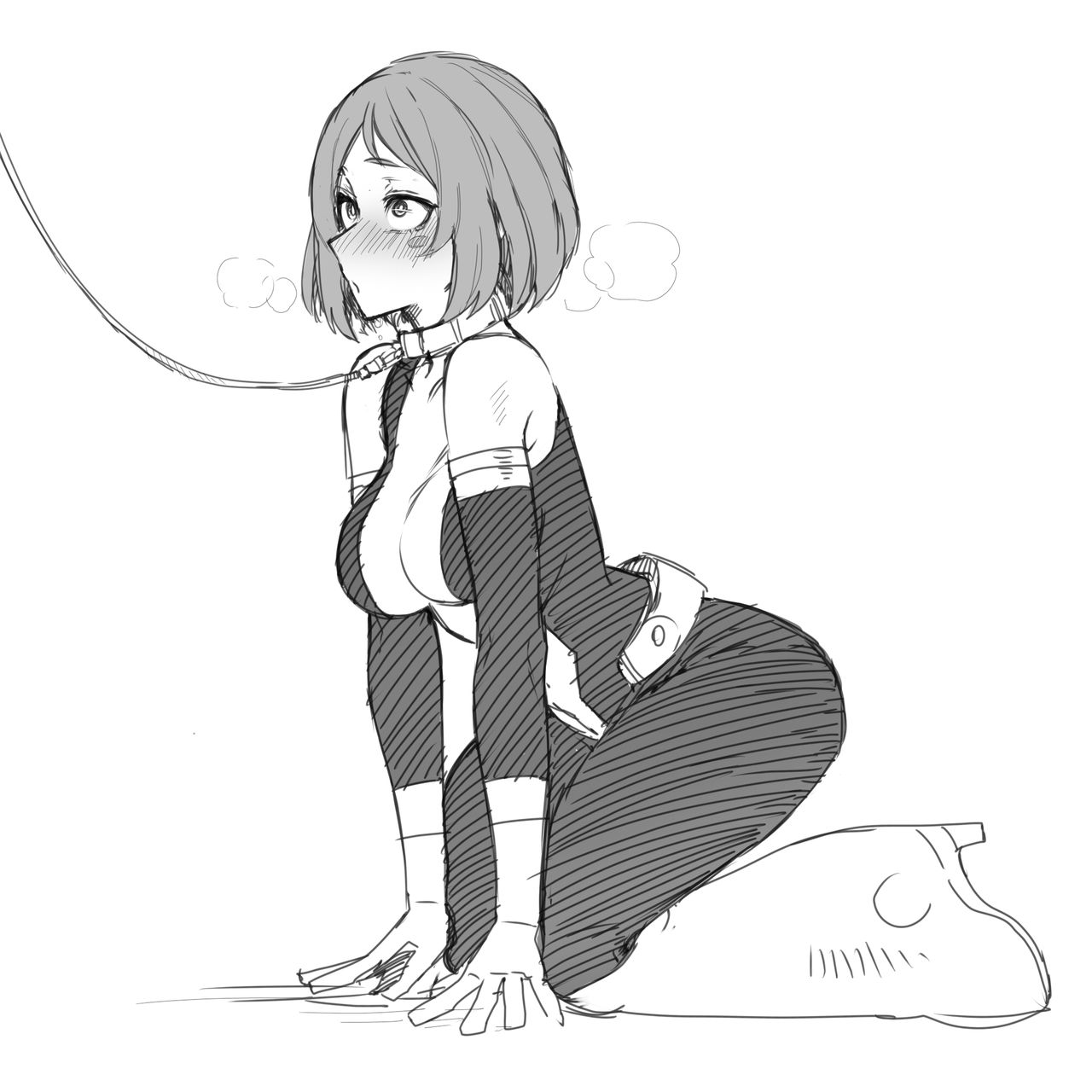 1girls, all fours, ass, big breasts, black and white, blush, bob cut, bodysuit, breasts, collar, corruption, female, female human, female only, femsub, hero outfit (mha), human, kneeling, leash, light skin, light-skinned female, my hero academia, ochako uraraka, ochako uraraka (hero outfit), petplay, ratatatat74, slave, slim waist, solo, steamy breath, submissive, submissive female, superhero costume, superheroine, tagme