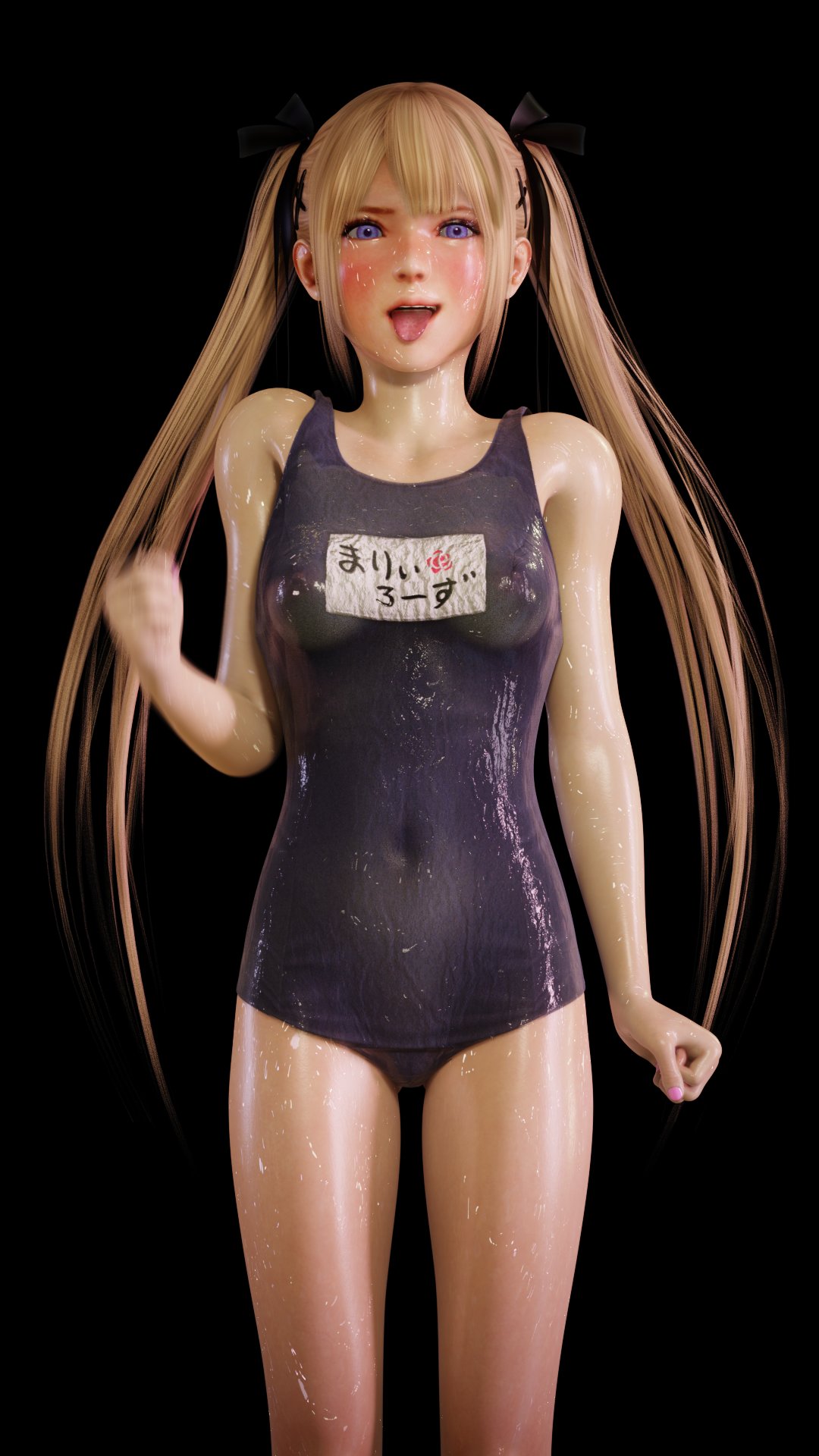1girls, 3d, areolae, bent wrist, blonde hair, blonde-haired female, blue eyes, blush, breasts, cute, dead or alive, egirl, eyeshadow, female, female only, fringe, kruel-kaiser, light skin, looking at viewer, marie rose, naughty face, nipples, nipples visible through clothing, oiled, one-piece swimsuit, ribbon, see-through clothing, slim, solo, sweat, teenager, tongue, tongue out, twintails