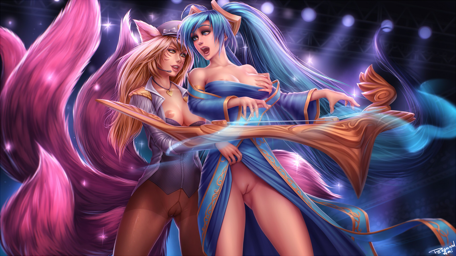 2016, 2girls, ahri, areolae, big breasts, breast grab, breasts, female, female only, large breasts, league of legends, multiple females, multiple girls, nipples, personalami, popstar ahri, pussy, sona buvelle, uncensored, yuri