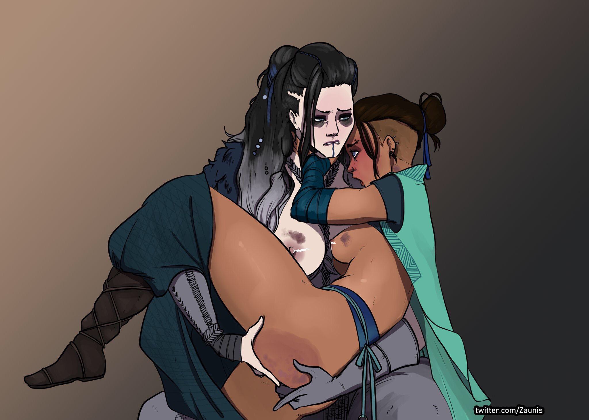 2girls, anal fingering, ass, barbarian, beauregard lionett, big dom small sub, biting lip, blush, breasts, brown hair, bruises, canon couple, cradling, critical role, critical role: the mighty nein, dark skin, dungeons and dragons, duo, erect nipples, female, fingering, fingering pussy, half-dressed, hand around neck, human, lesbian, monk, multiple females, multiple girls, muscular, muscular female, nipples, passionate, pussy, rough, size difference, yasha nydoorin, yuri, zaun-derground