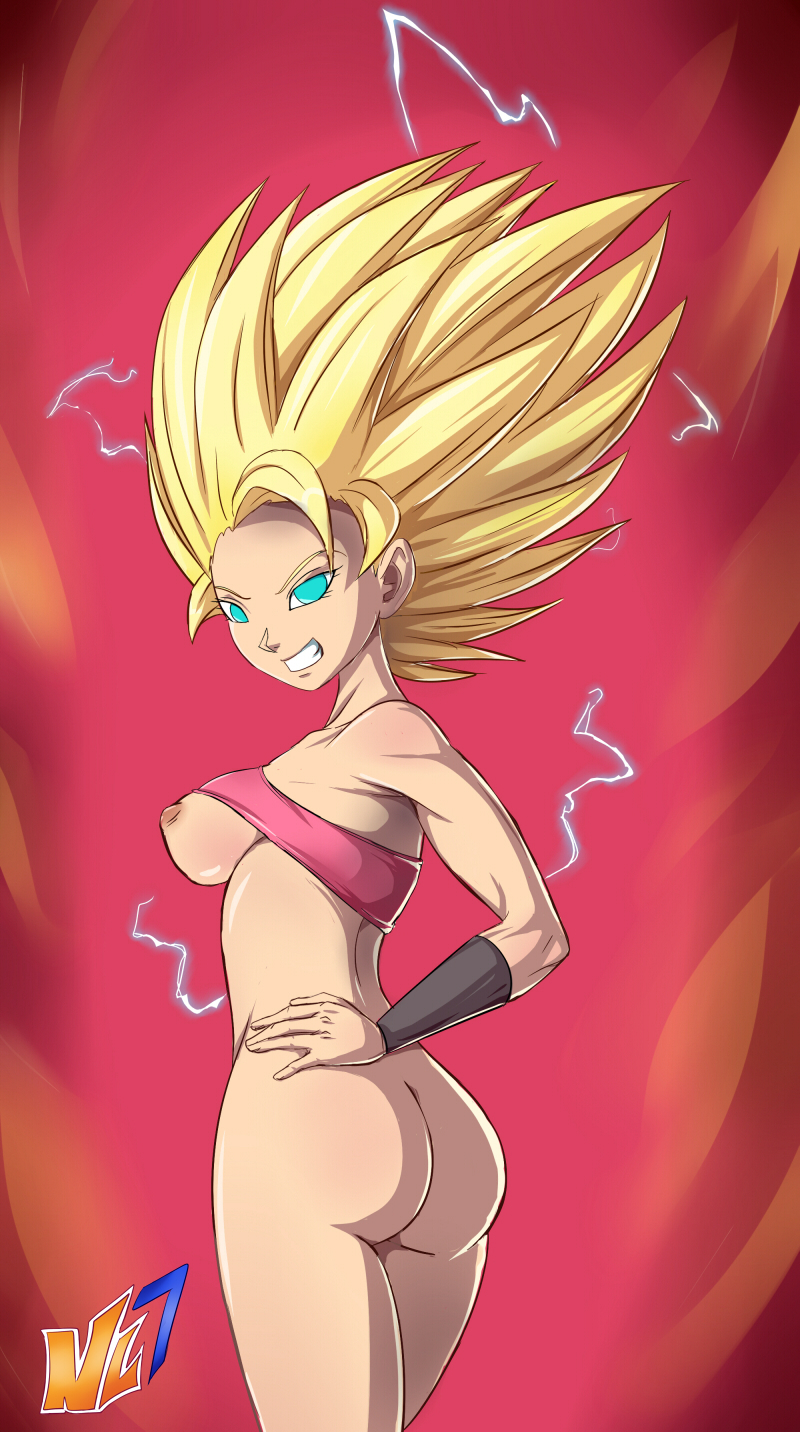 aqua_eyes areolae ass aura breasts caulifla dragon_ball dragon_ball_super electricity female female_only gold_hair long_hair nipples nolegal saiyan shirt_lift smile straight super_saiyan super_saiyan_2 thick_thighs