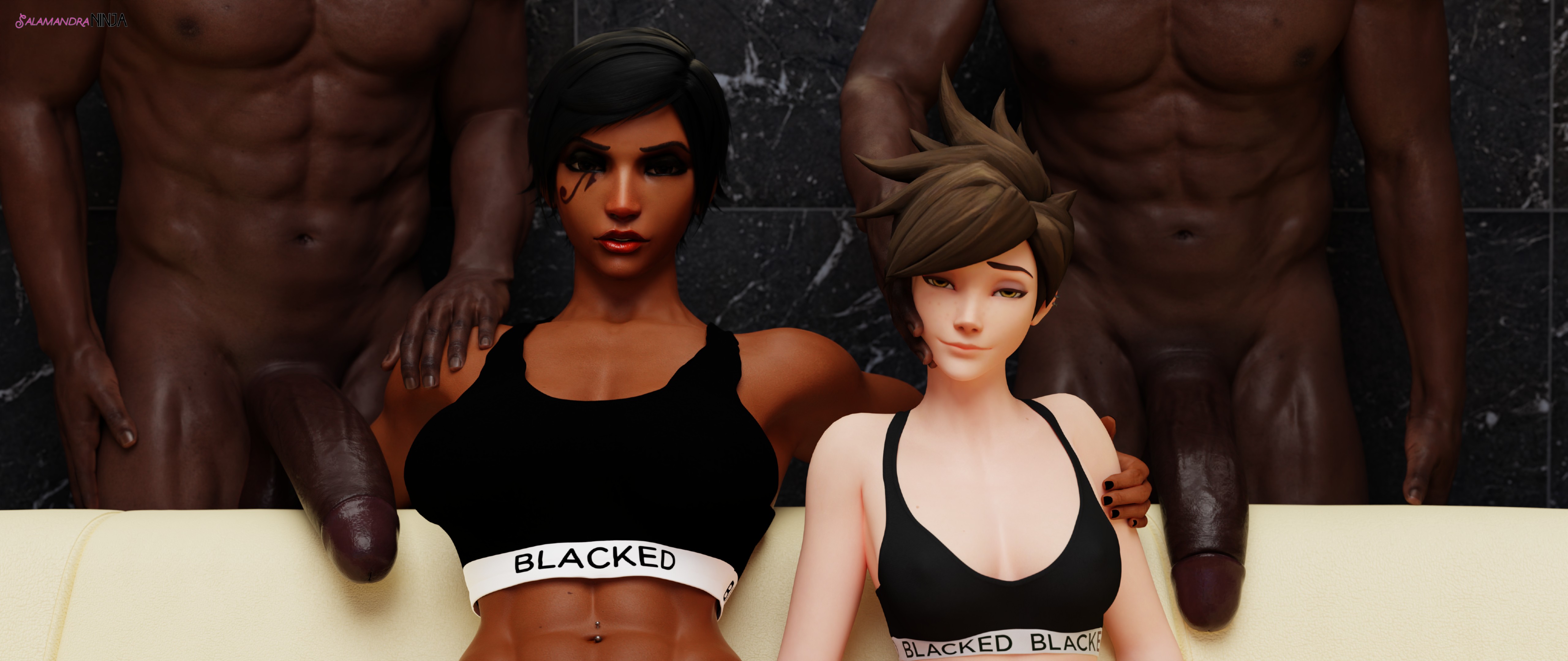 2boys, 2girls, 3d, abs, big penis, black hair, blacked, blacked clothing, blizzard entertainment, breasts, brown hair, cleavage, dark skin, dark-skinned female, dark-skinned male, face tattoo, female, flaccid, hand on shoulder, huge cock, imminent sex, interracial, large breasts, large penis, light skin, light-skinned female, male, muscular, muscular female, muscular male, overwatch, pale skin, pale-skinned female, penis, pharah, salamandraninja, short hair, sports bra, tracer